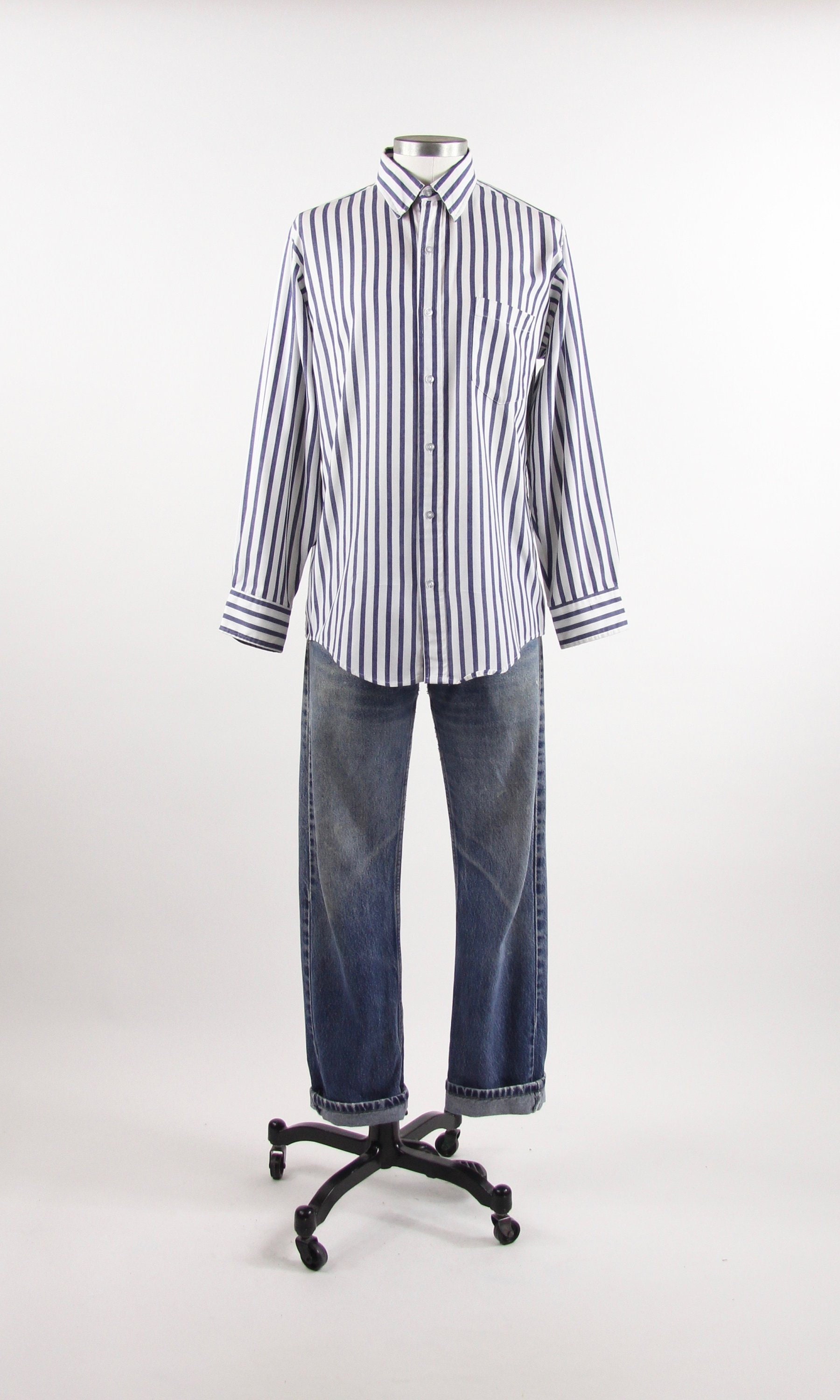 blue white vertical striped shirt