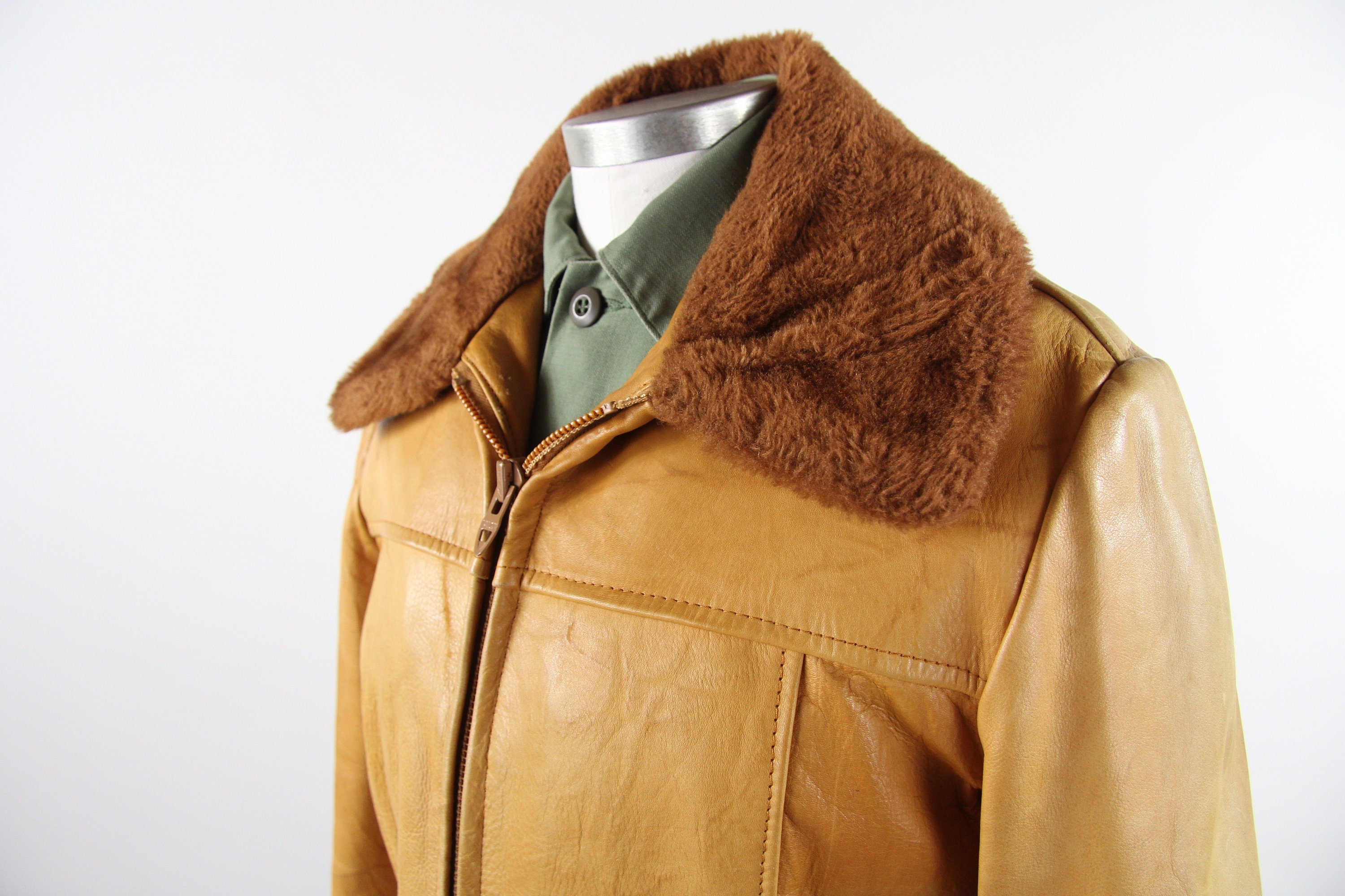 70's Tan Leather Men's Coat Thick Heavy Leather Farm Jacket Men's Medium Large 40 Made in the USA