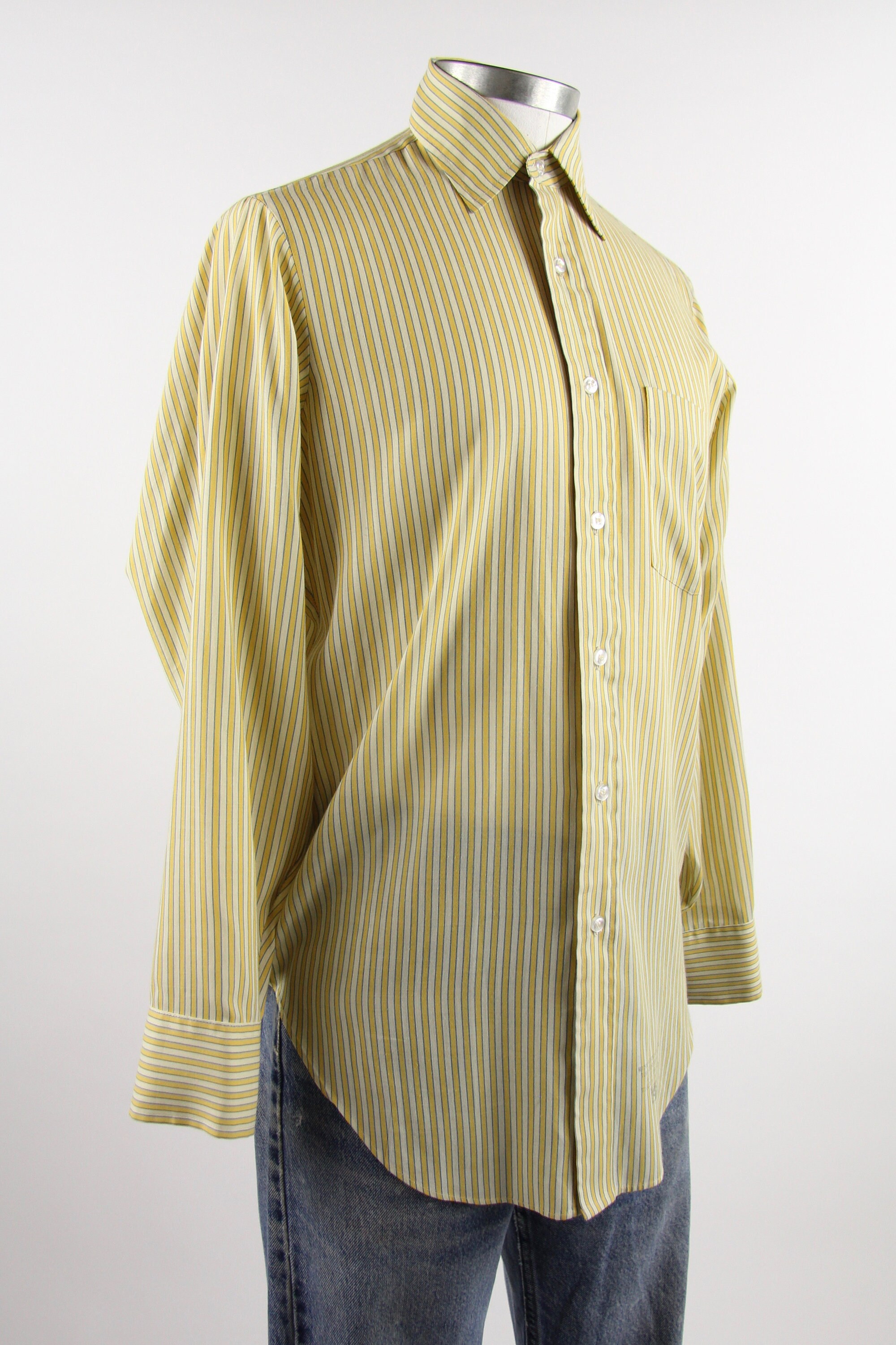 Arrow Men's Shirt Striped Yellow Vintage 60's Soft Button Down Dress