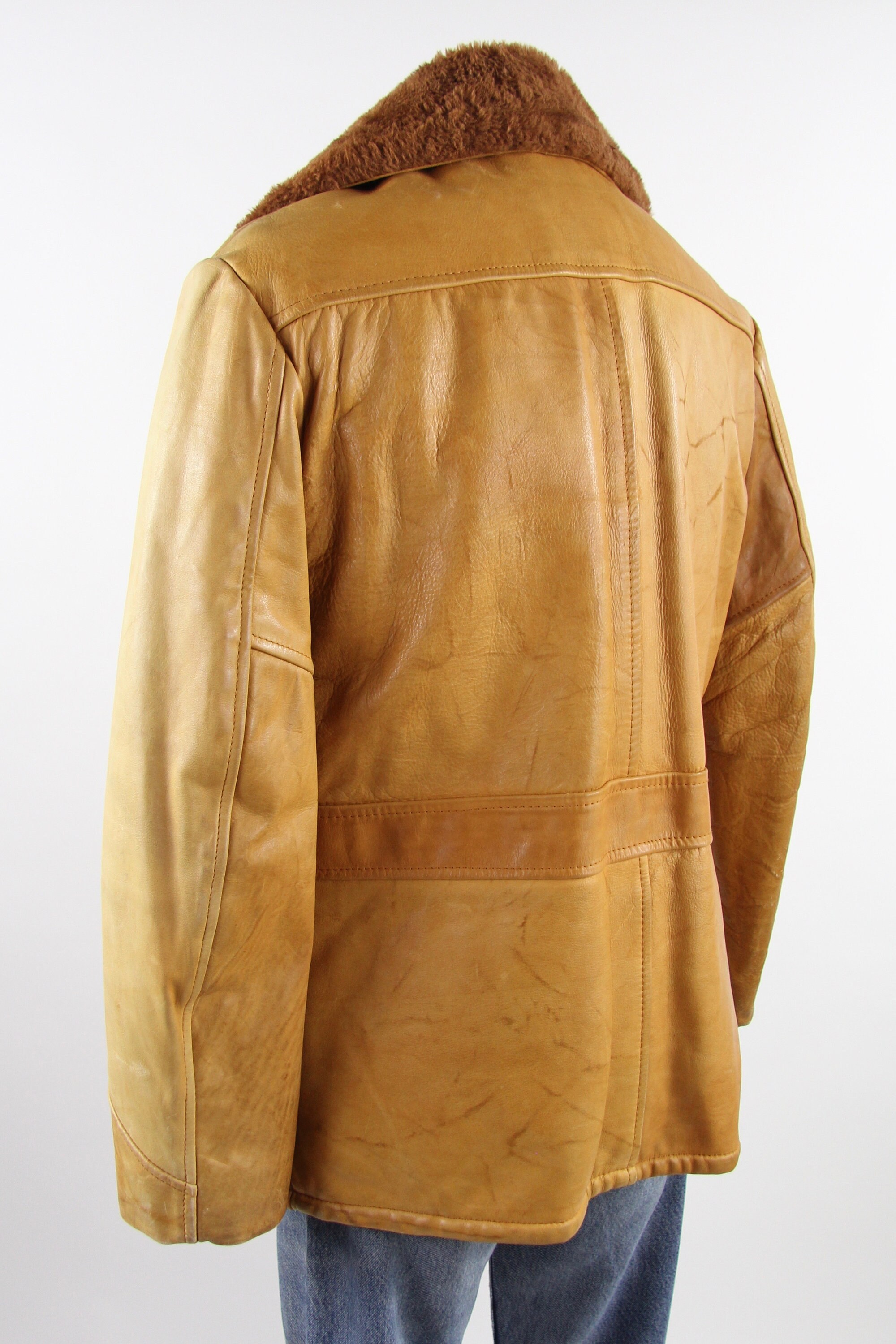 70's Tan Leather Men's Coat Thick Heavy Leather Farm Jacket Men's