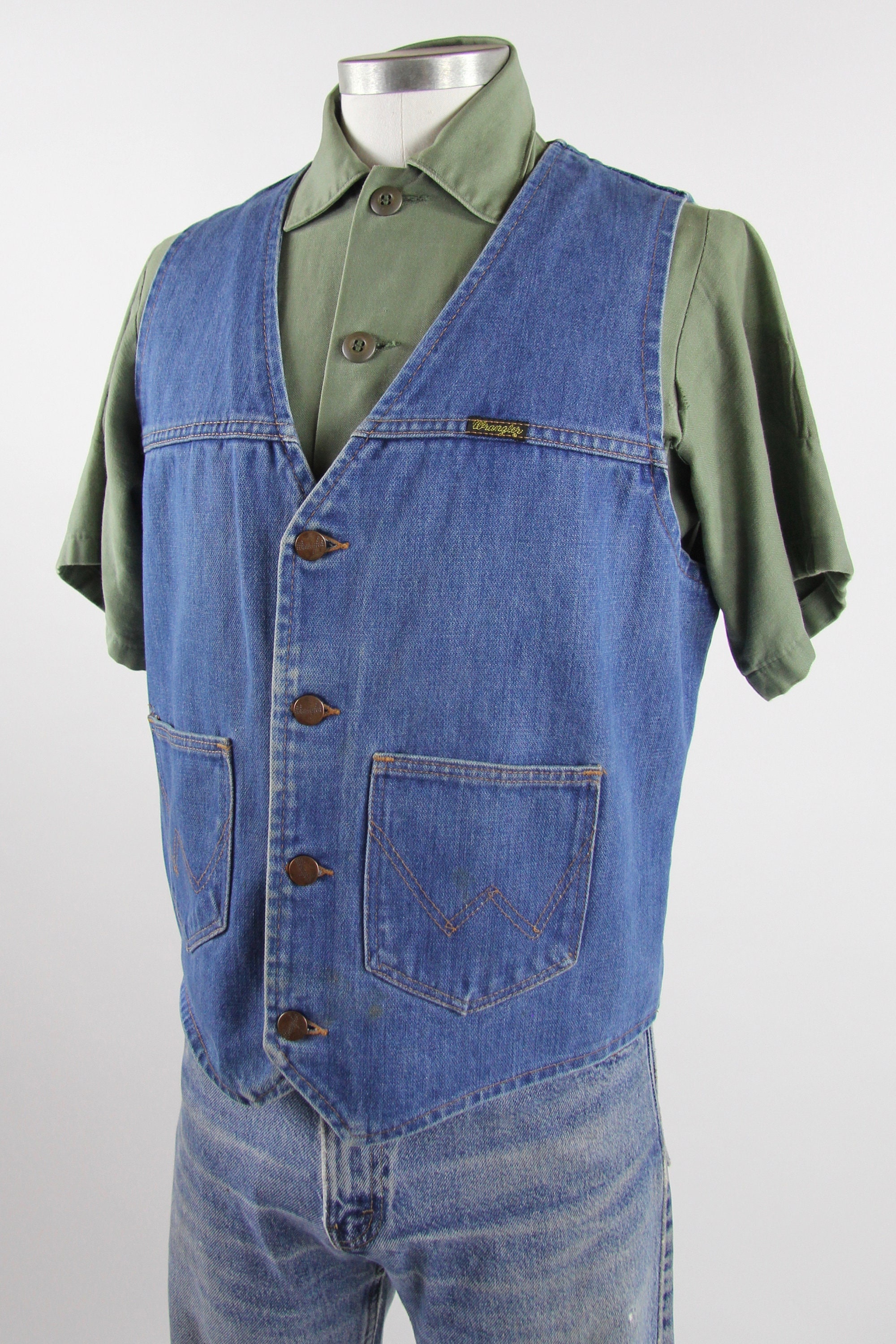 70's Wrangler Vest Vintage Denim Blue Jean Vest Size Medium