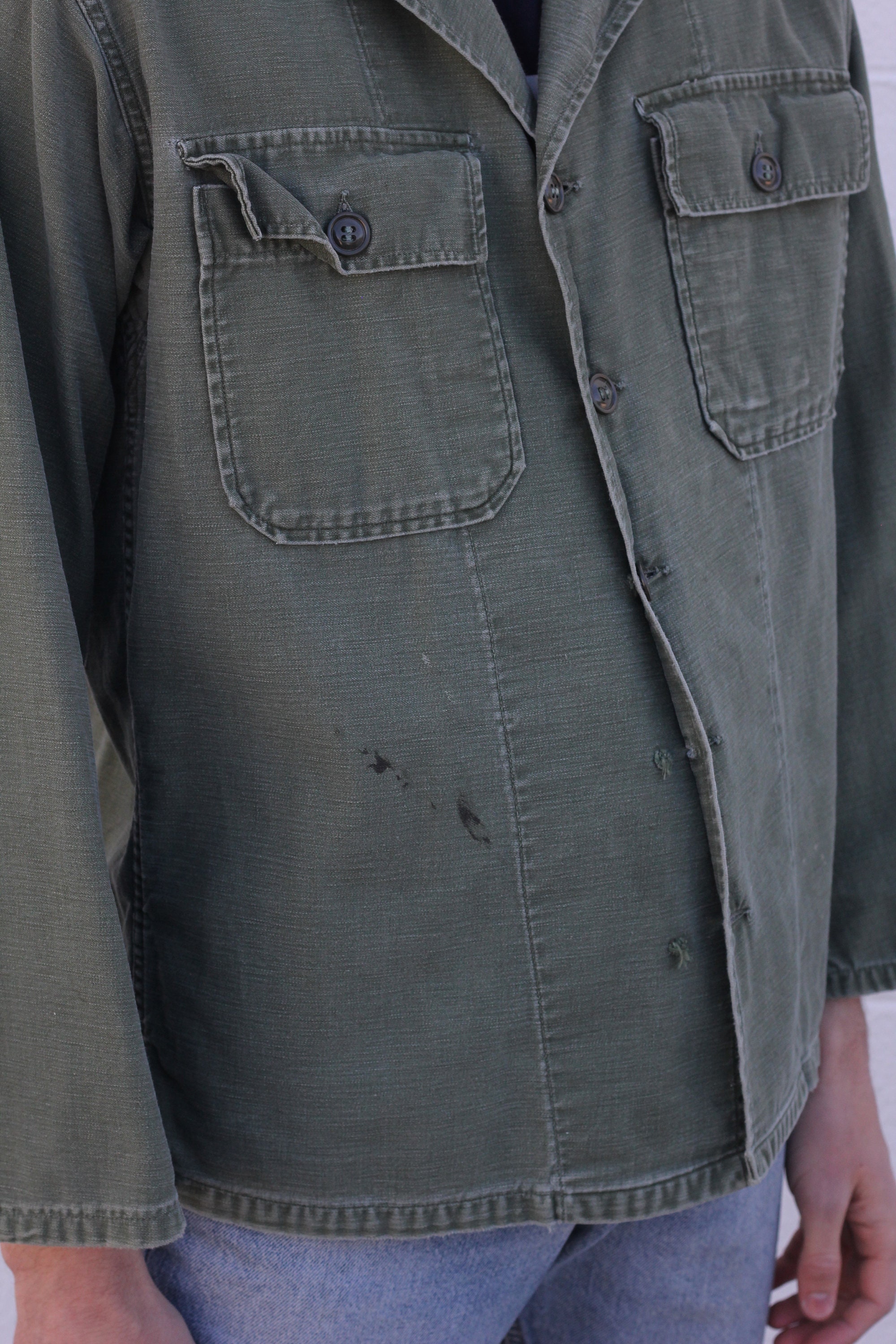 Military Green Long Sleeve Cotton Shirt Vintage Army Button Up Soft Worn In Distressed Shirt
