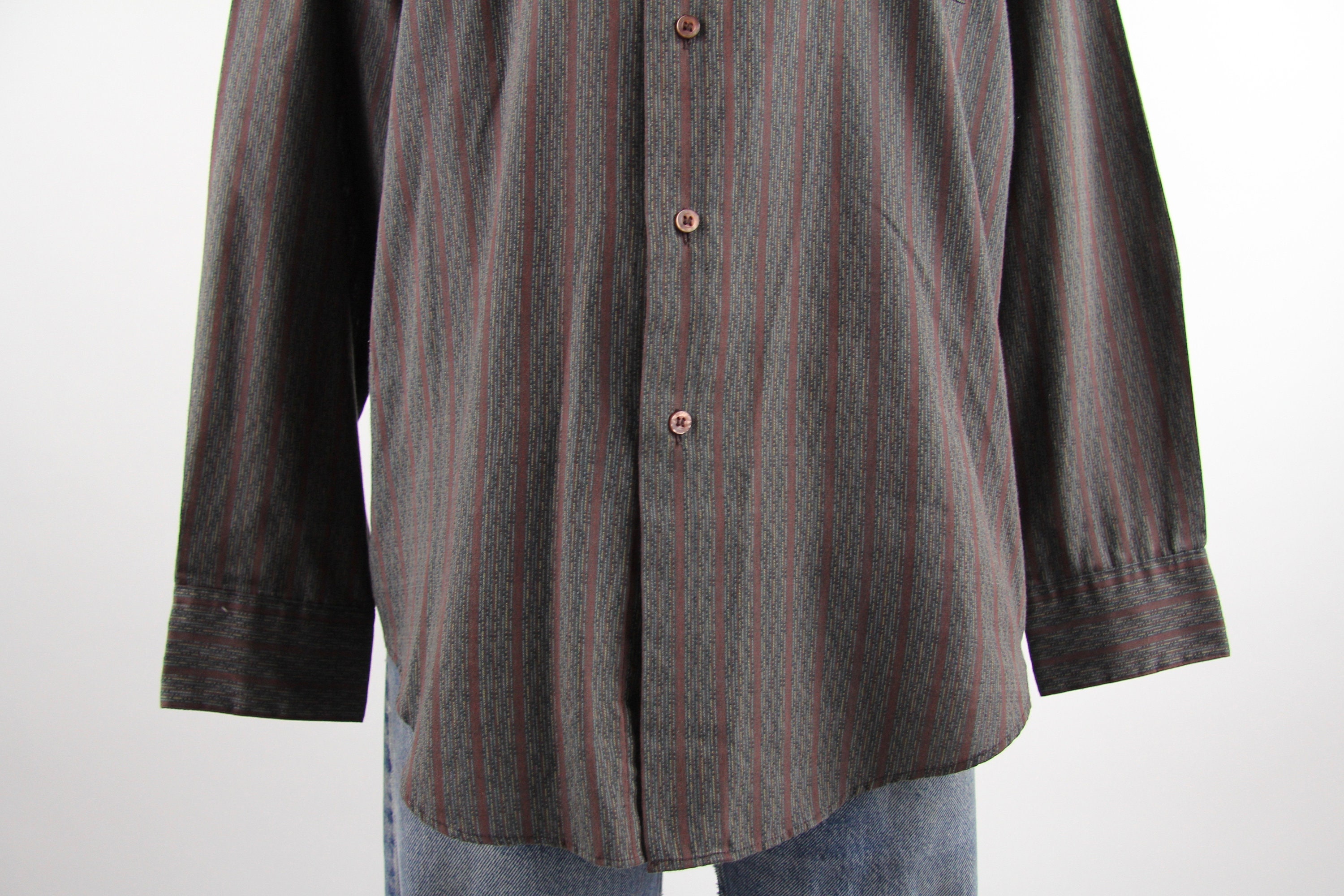 Vertical Striped Shirt Men's Maroon Button Down Shirt Vintage Size Large