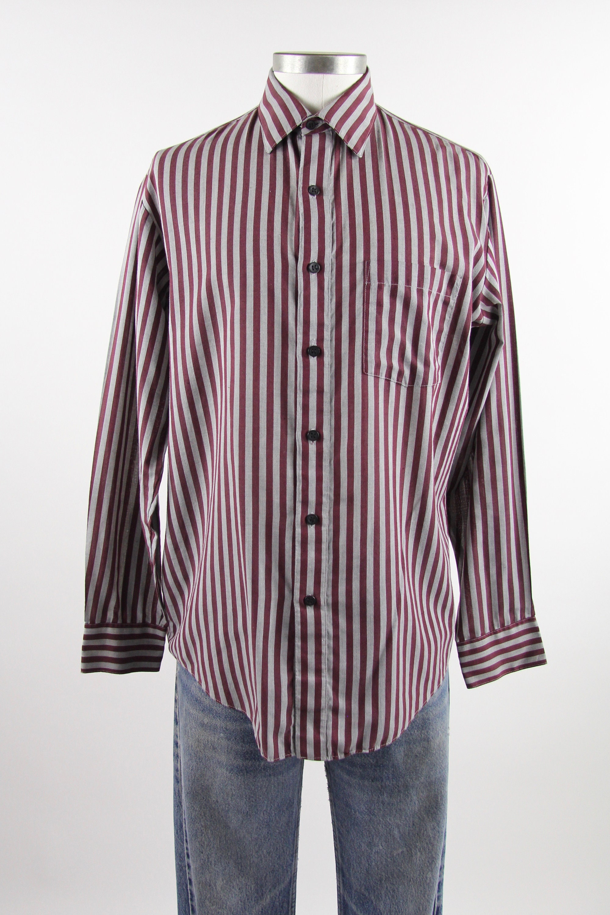 Maroon Striped Shirt Men's Vintage Button Down Dress Shirt Size Medium