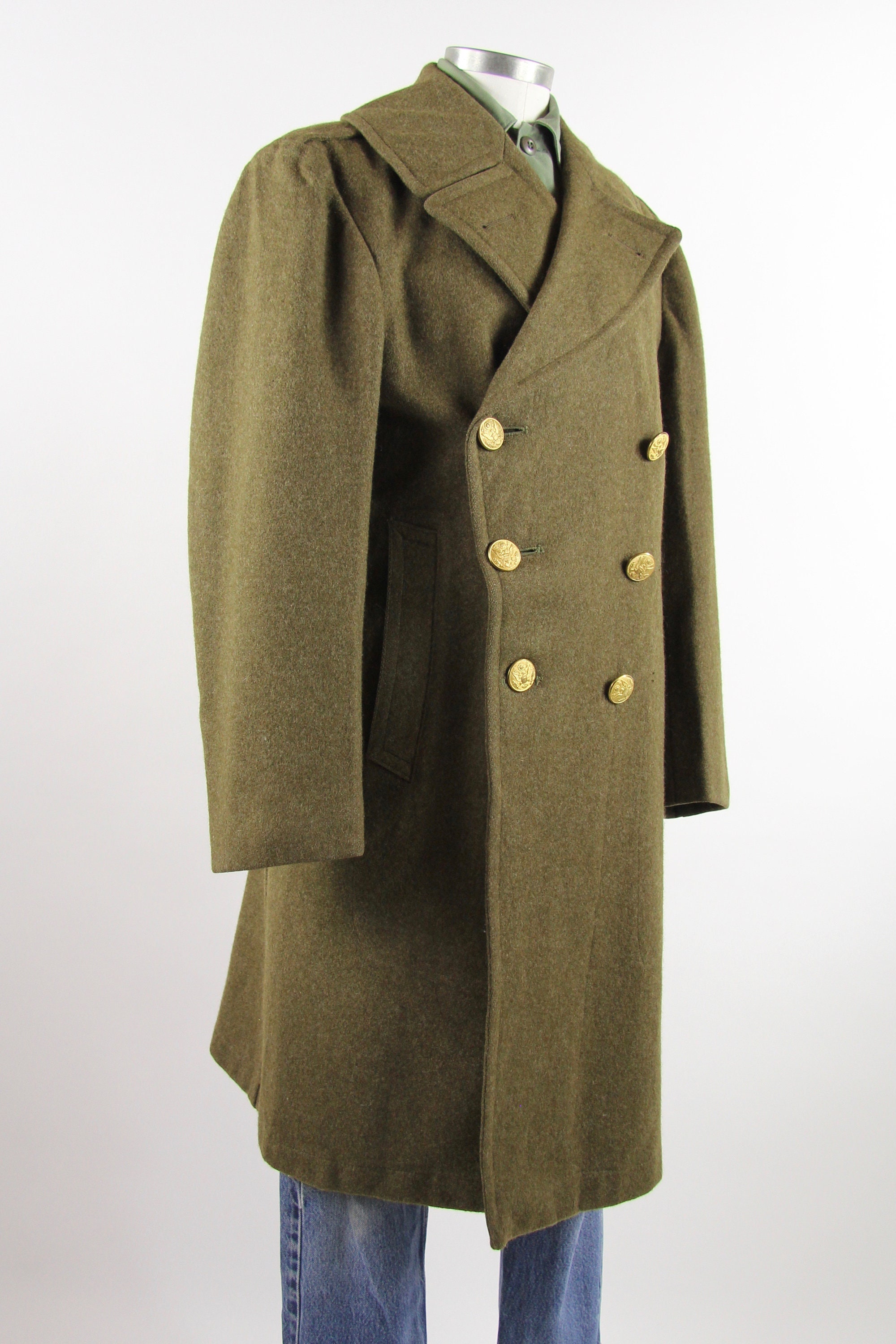WWII Men's Military Coat Wool Gold Button Olive Green Trench Winter ...