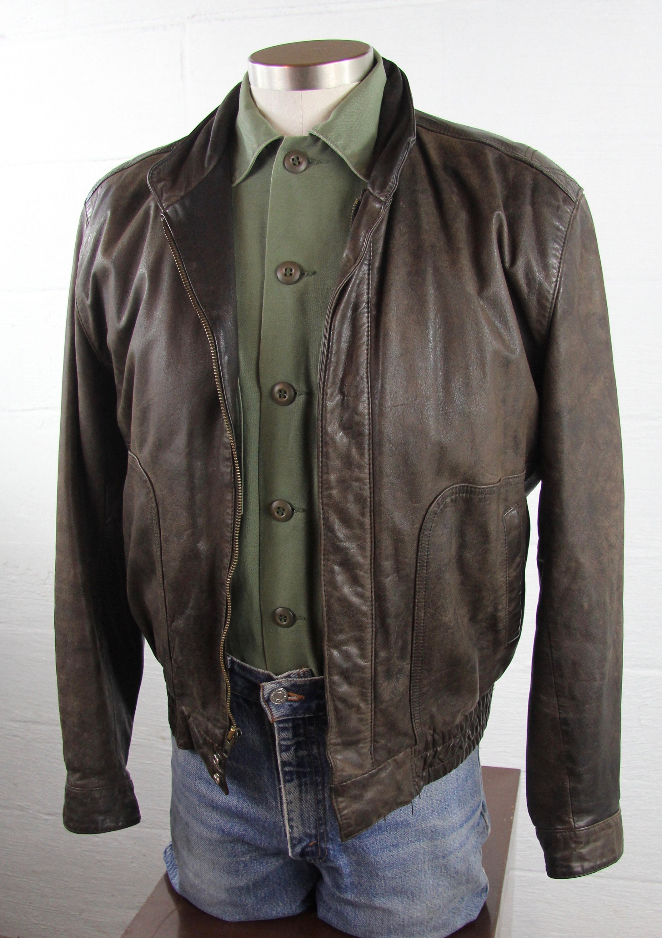 Brown Leather Bomber Jacket with Lining Vintage Size Medium