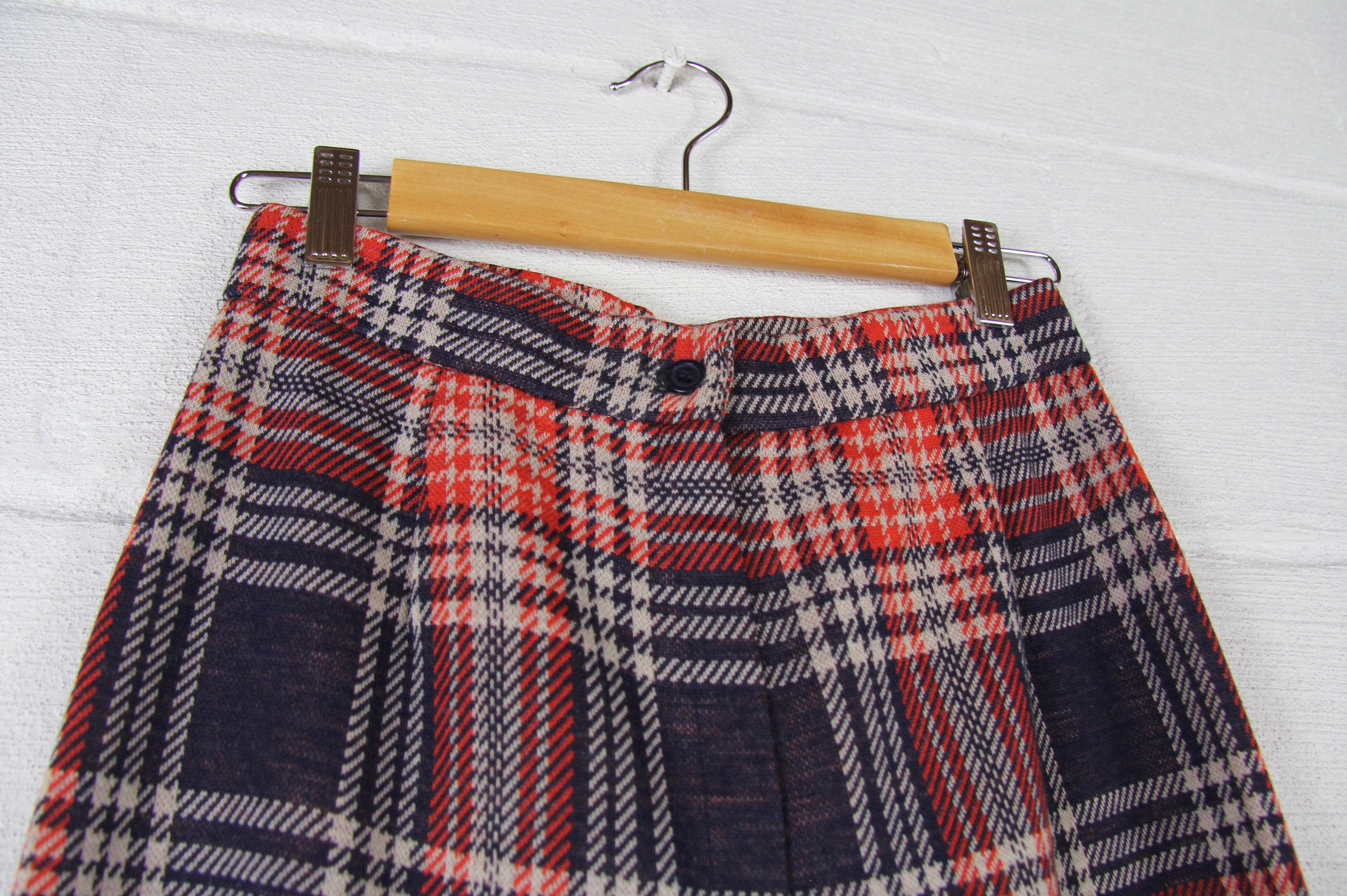1970s Women's Plaid Bell Bottom Pants Navy Orange and Brown 27 Vintage