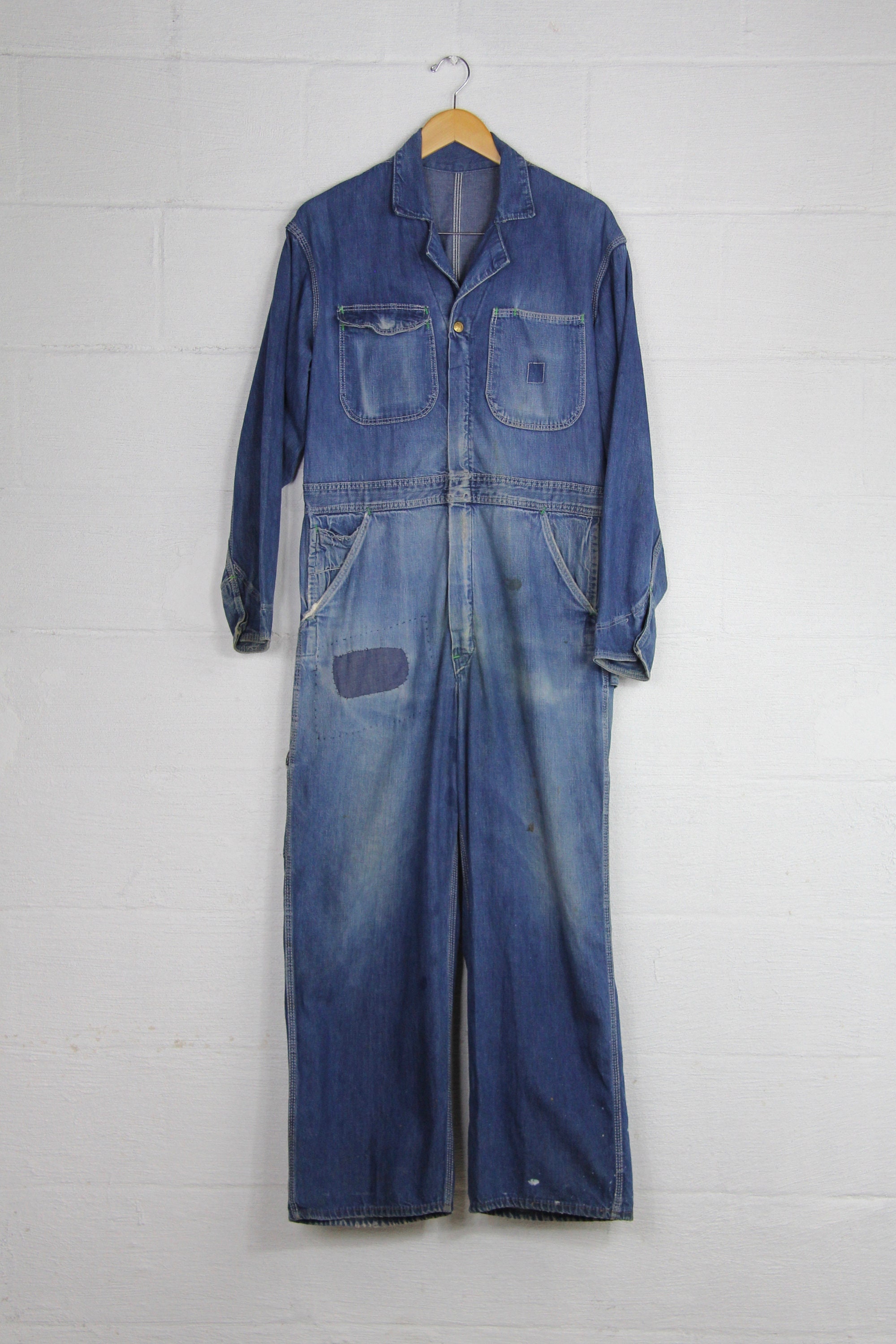 Men's Denim Coverall Mechanic Jumpsuit Distressed Size Medium