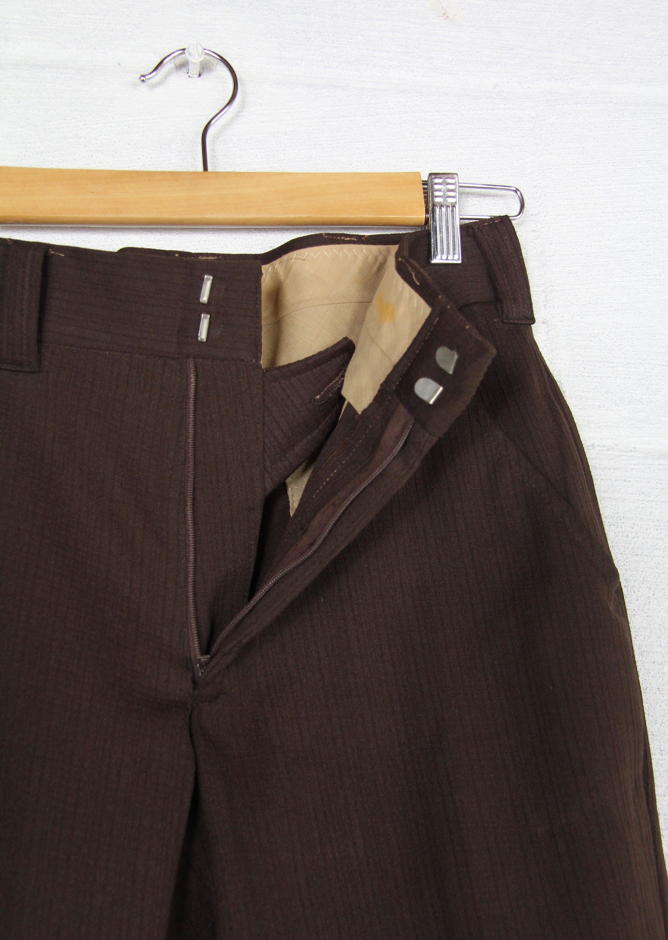 Men's Dark Brown 70's Boot Cut Dress Pants Pinstriped Double Knit Vintage Size 30
