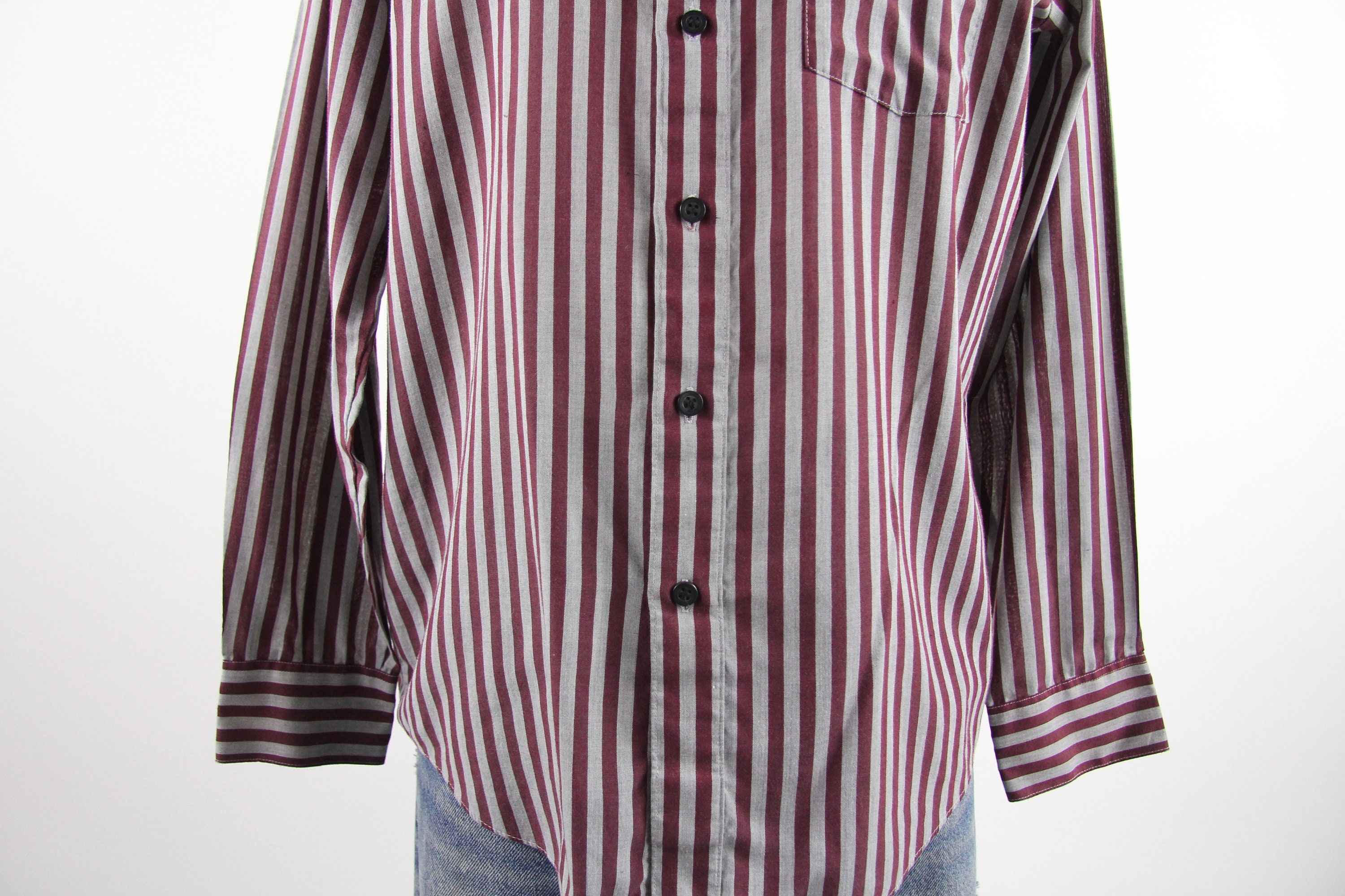 Maroon Striped Shirt Men's Vintage Button Down Dress Shirt Size Medium