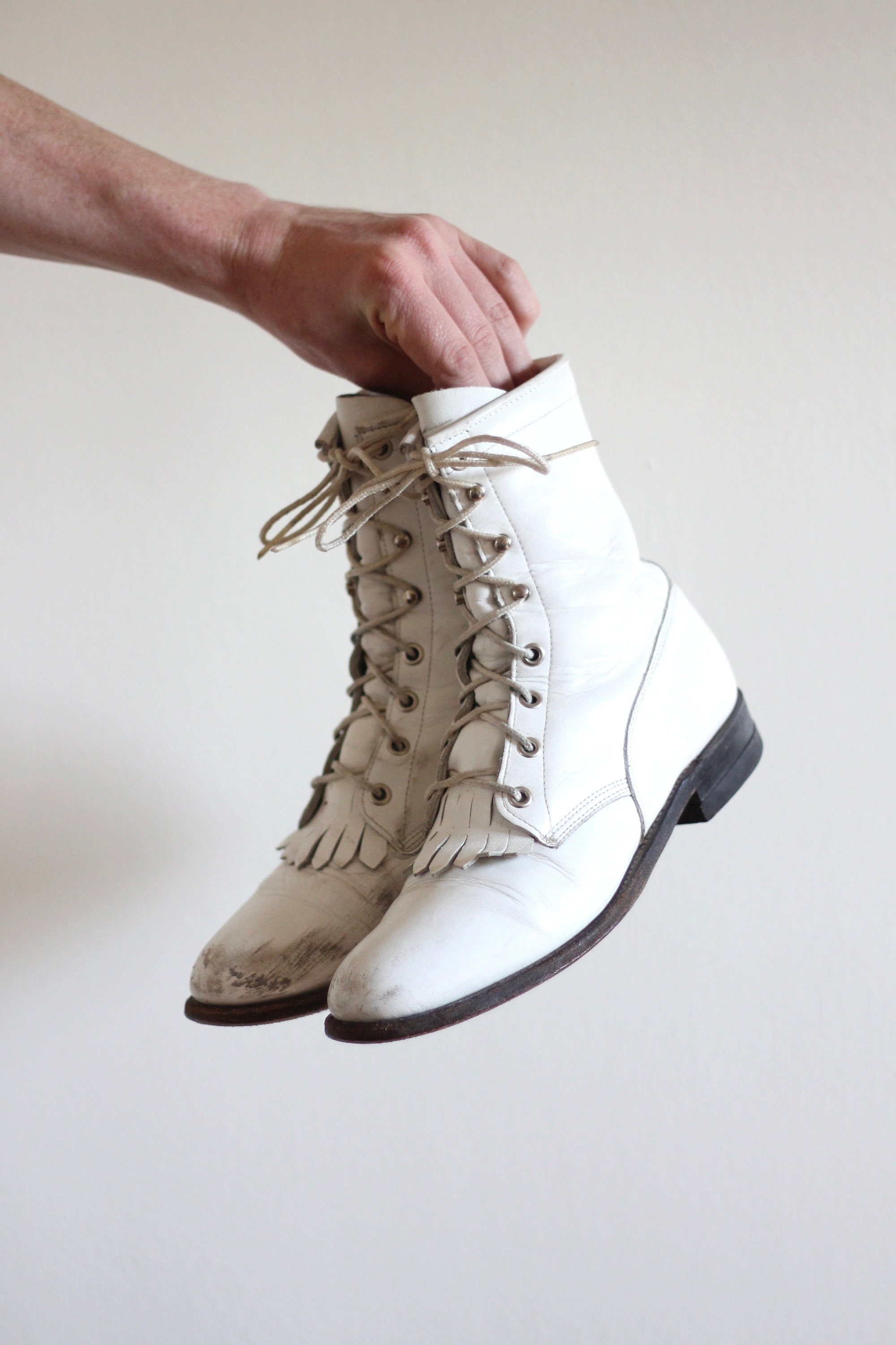 Women's White Leather Justin Roper Lace Up Fringe Boots Size 7.5 / 8