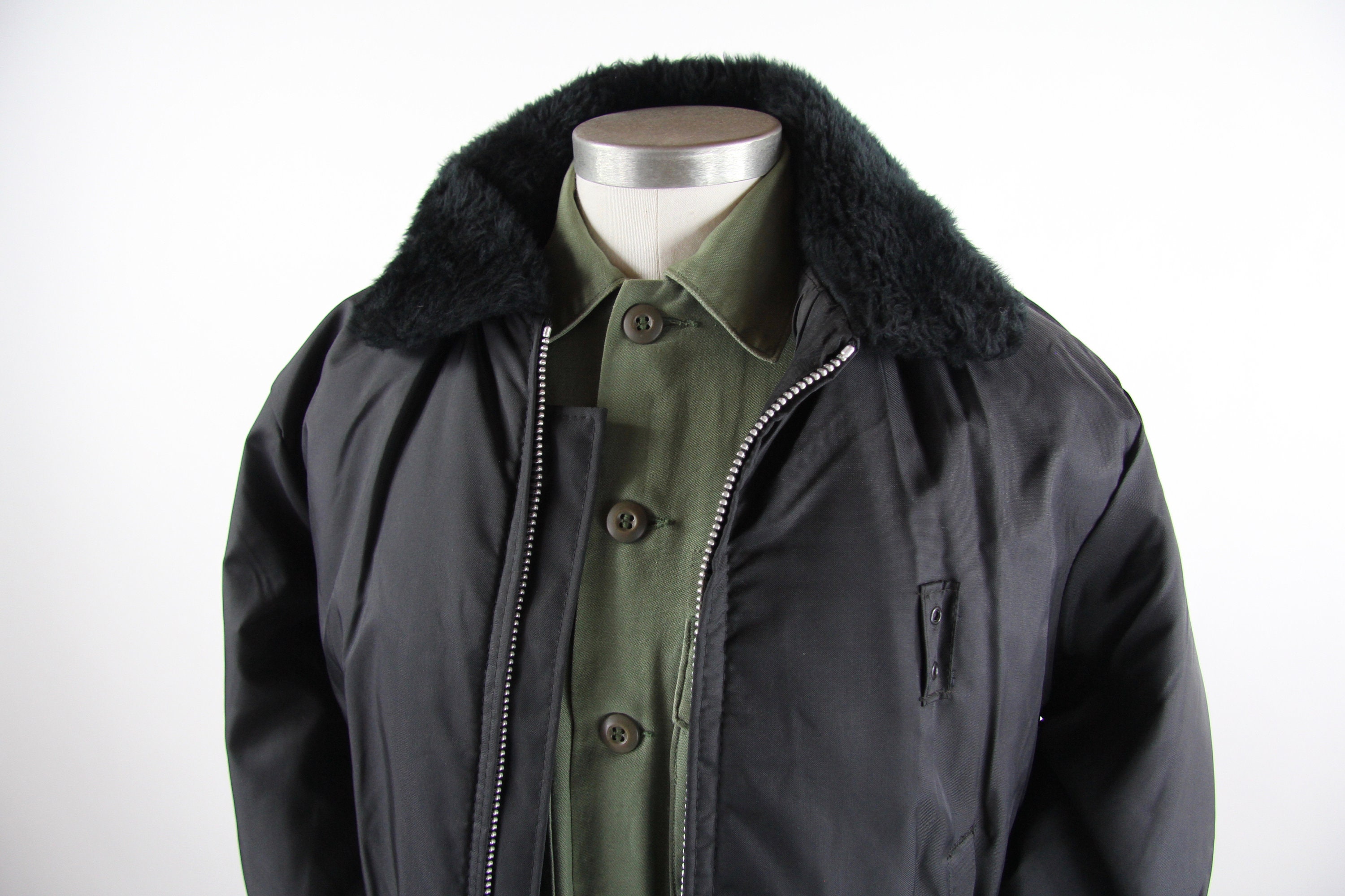 Men's Nylon Black Bomber Jacket Work Uniform Coat Vintage Size Medium