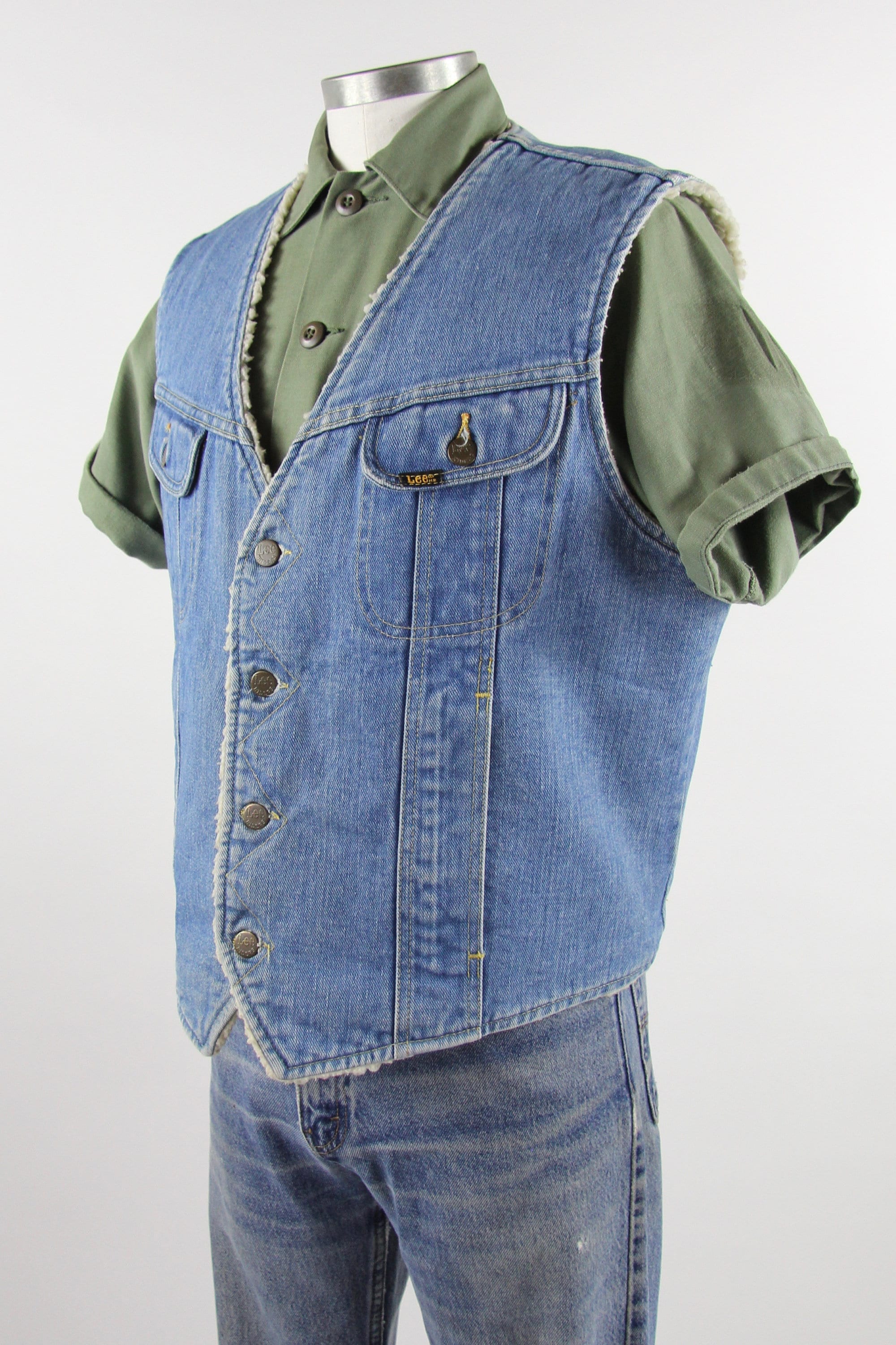 Lee Rider 70's Denim Vest Sherpa Lined Button Up Jean Vest Vintage Size Medium Large Made in the USA