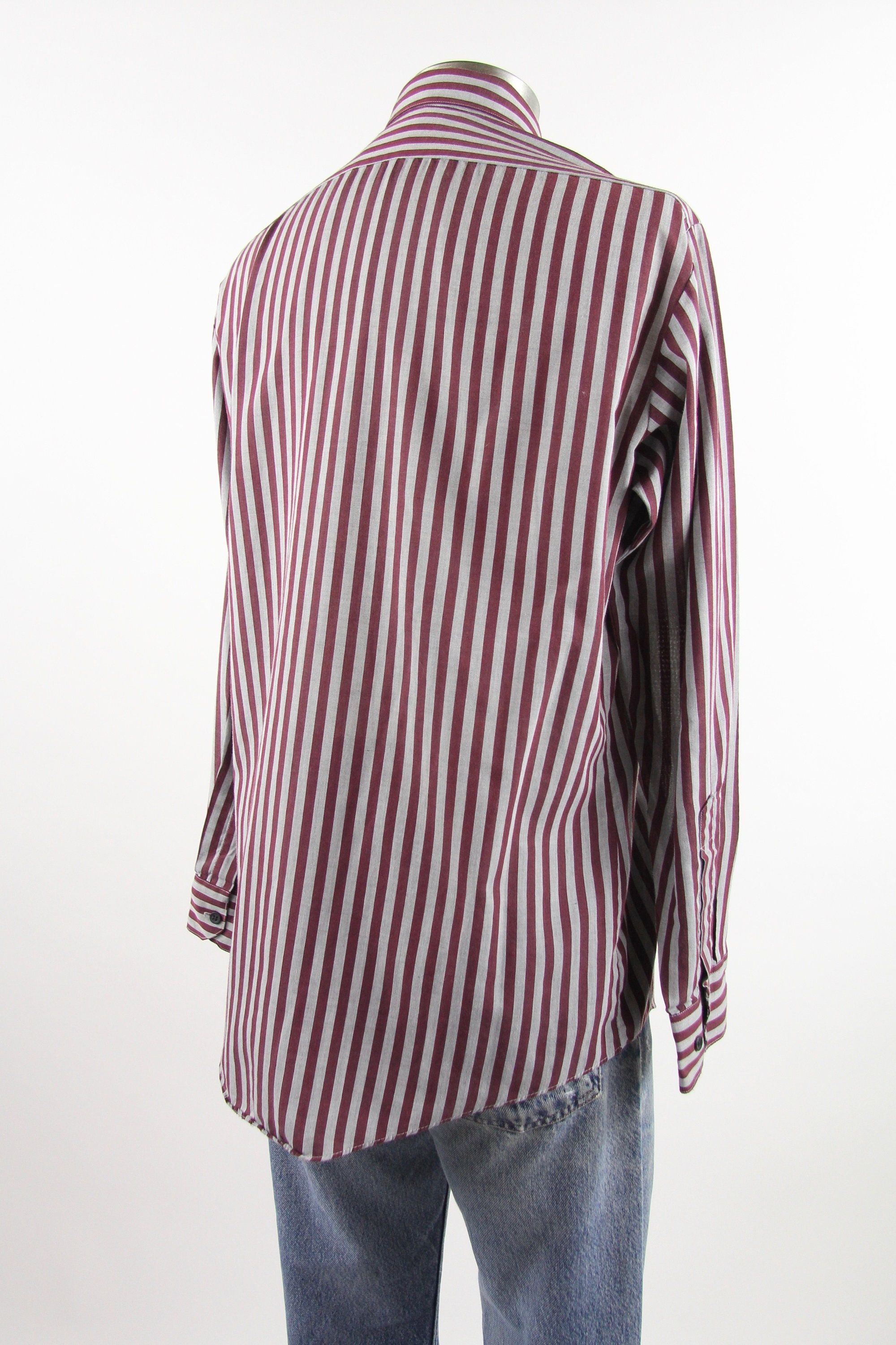 Maroon Striped Shirt Men's Vintage Button Down Dress Shirt Size Medium