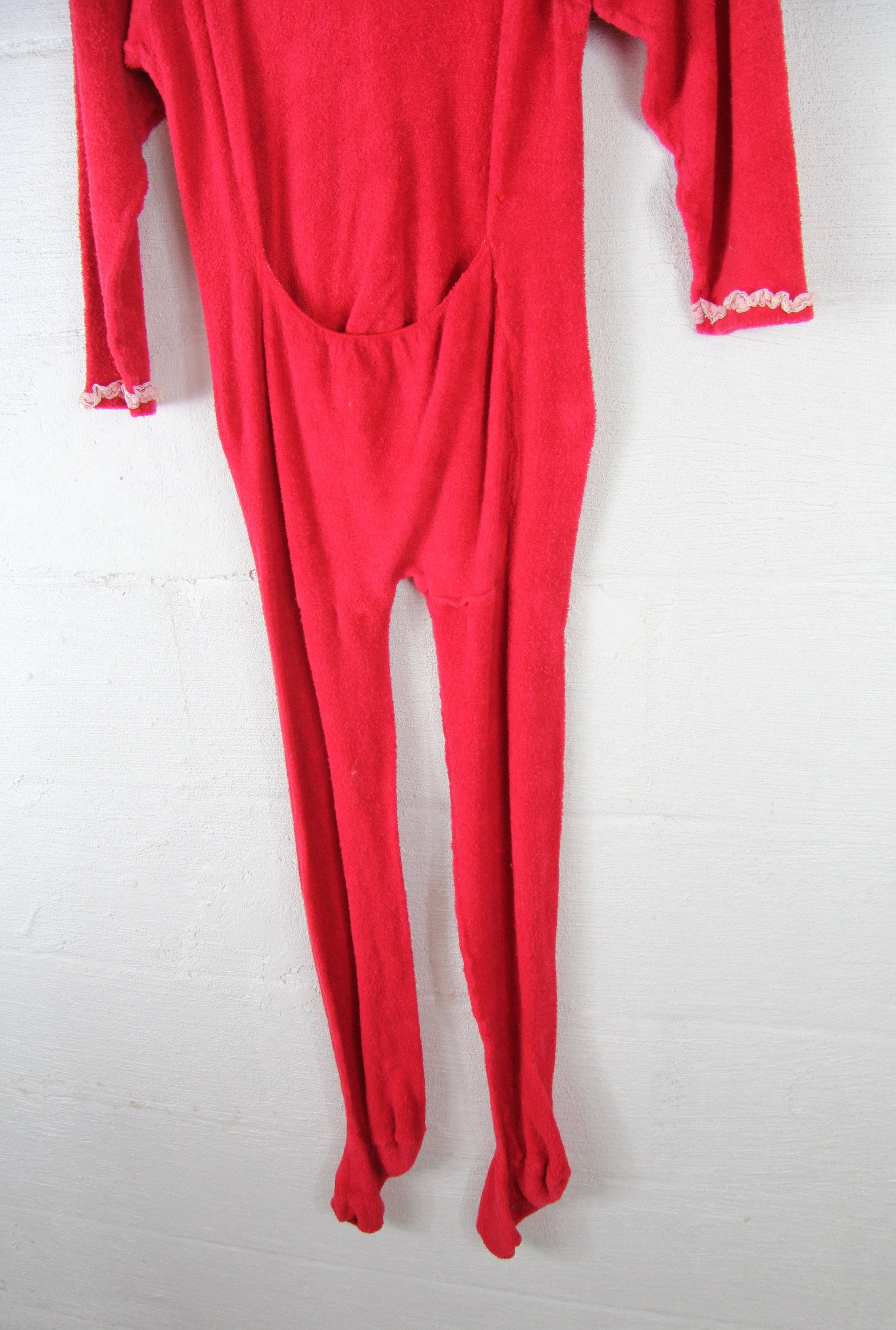 Women's Red Terrycloth Onesie Footie Pajamas with Lace Vintage