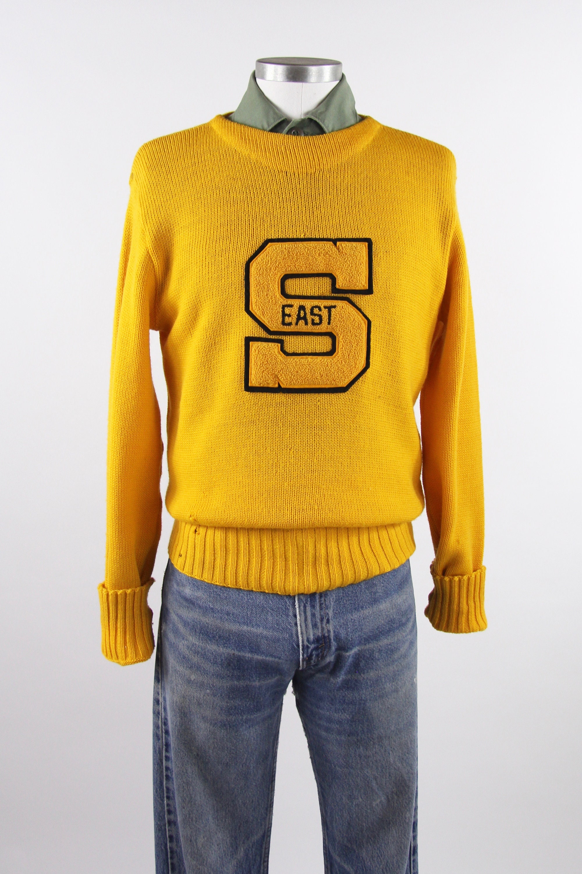 1950's Varsity Sweater Yellow Letterman Pullover Sweater Gerry's Sport Shop Vintage Size Medium