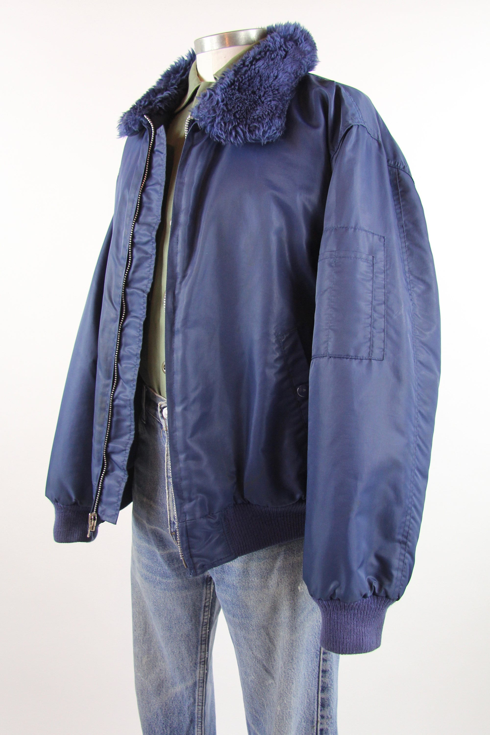 70's Blue Bomber Men's Jacket with Faux Fur Collar Vintage Size Large XL