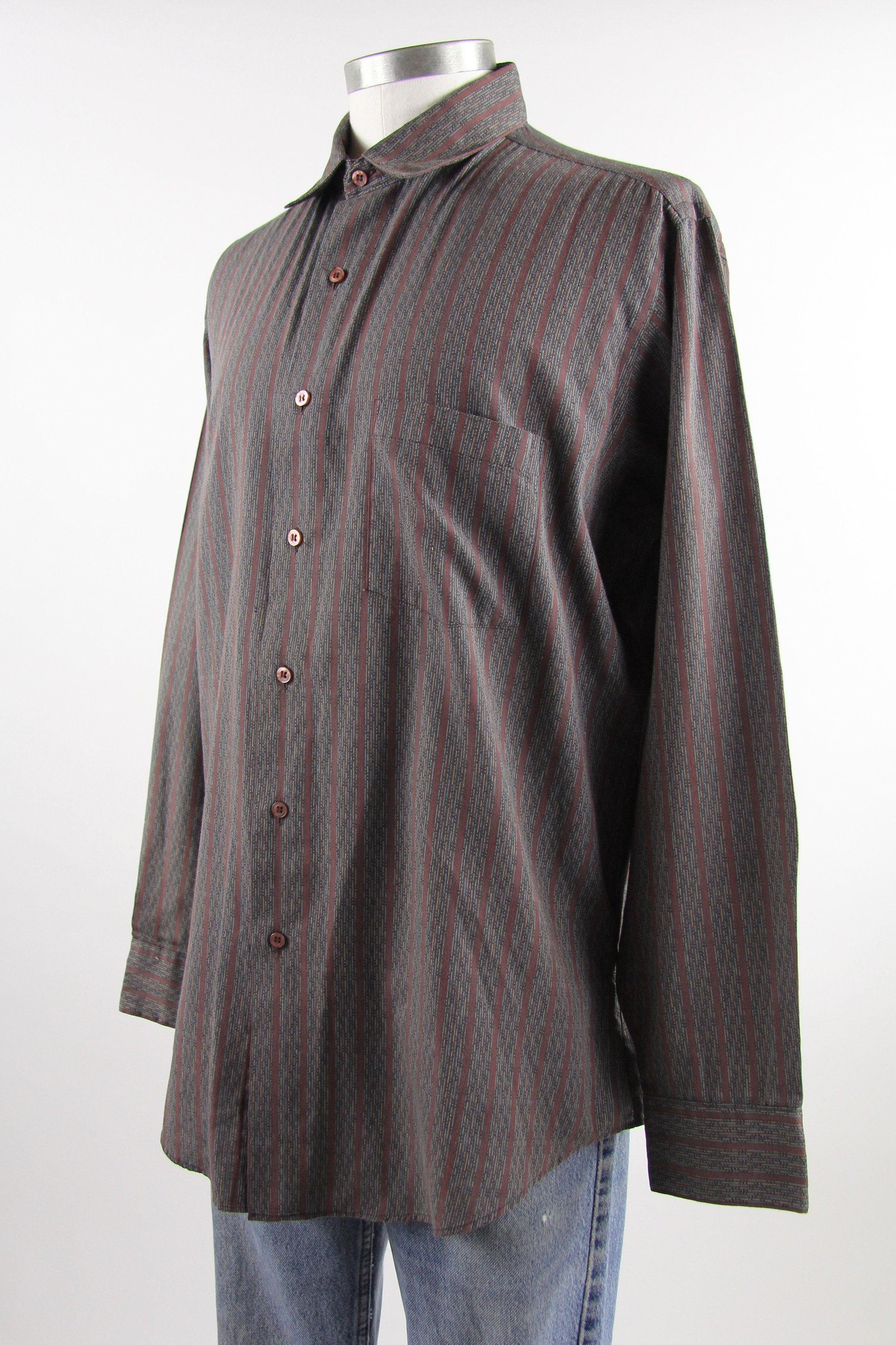 Vertical Striped Shirt Men's Maroon Button Down Shirt Vintage Size Large
