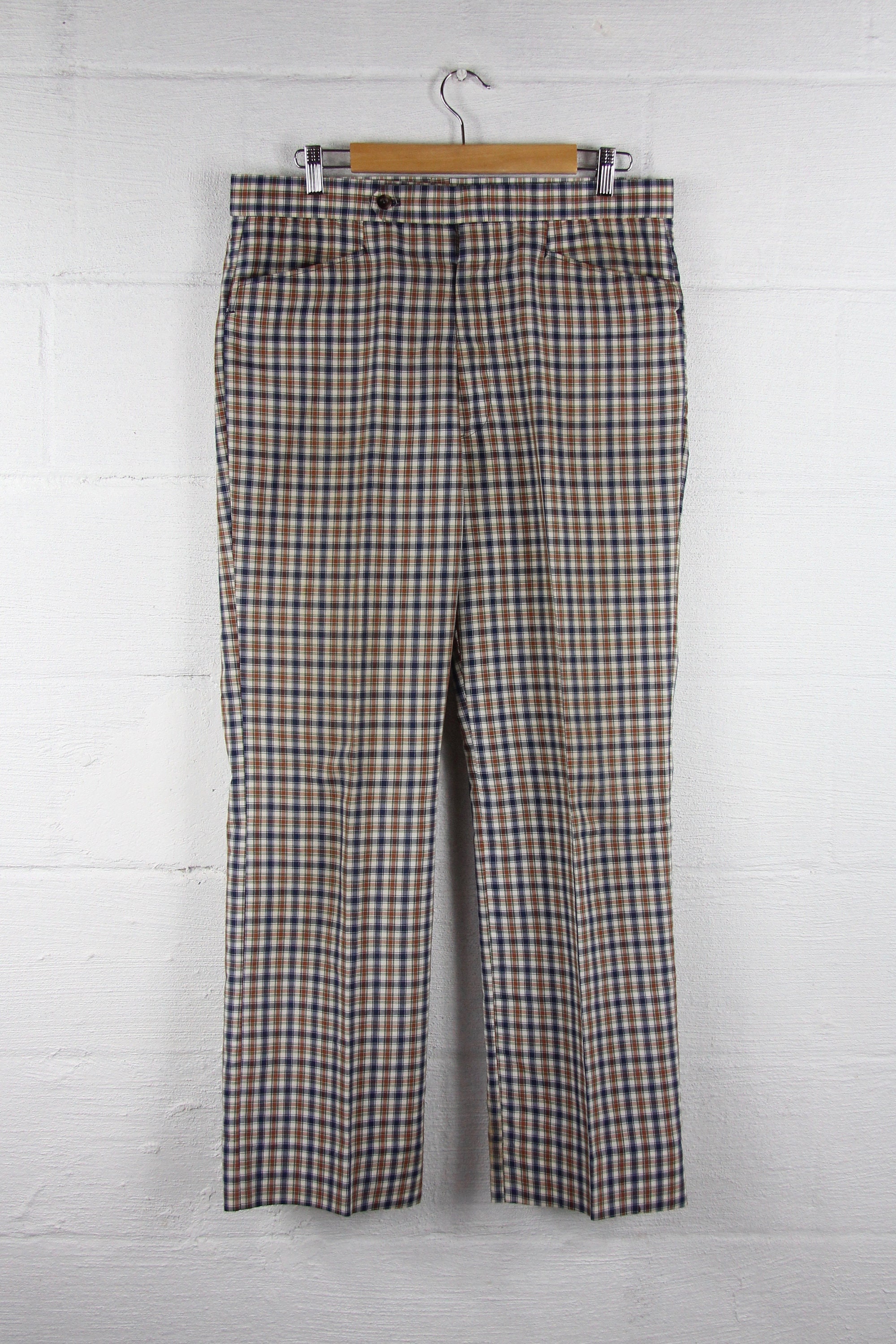 70's Men's Golf Pants Plaid Divoys Blue Brown Green Cream Slacks Size 35