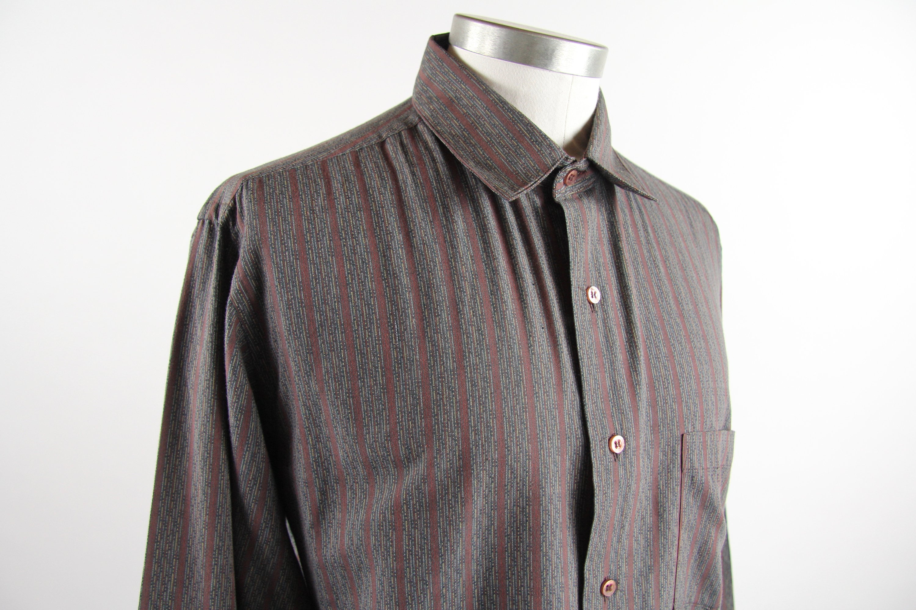 Vertical Striped Shirt Men's Maroon Button Down Shirt Vintage Size Large