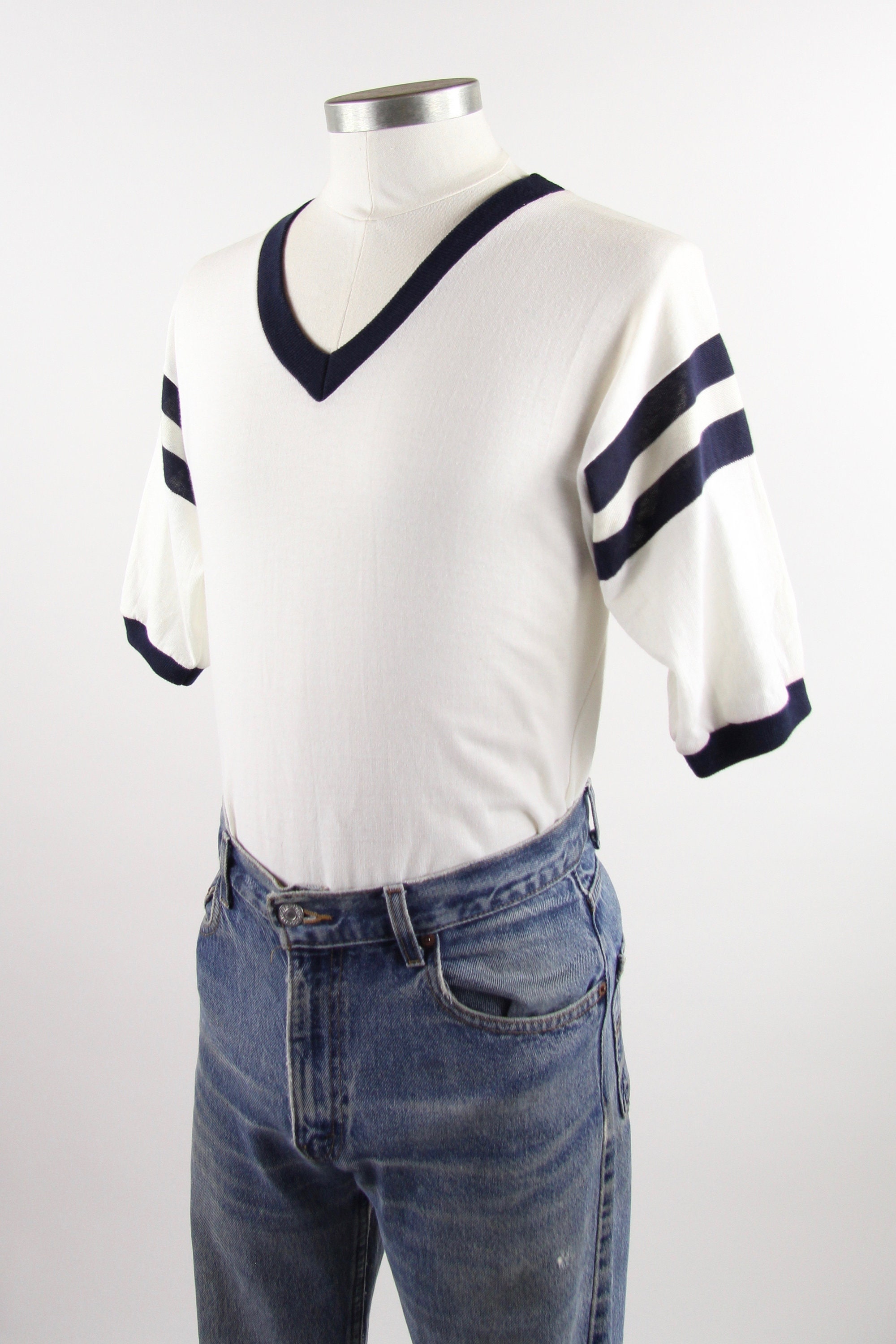 VNeck Ringer Baseball Tee 50/50 White Vintage TShirt Made in the USA