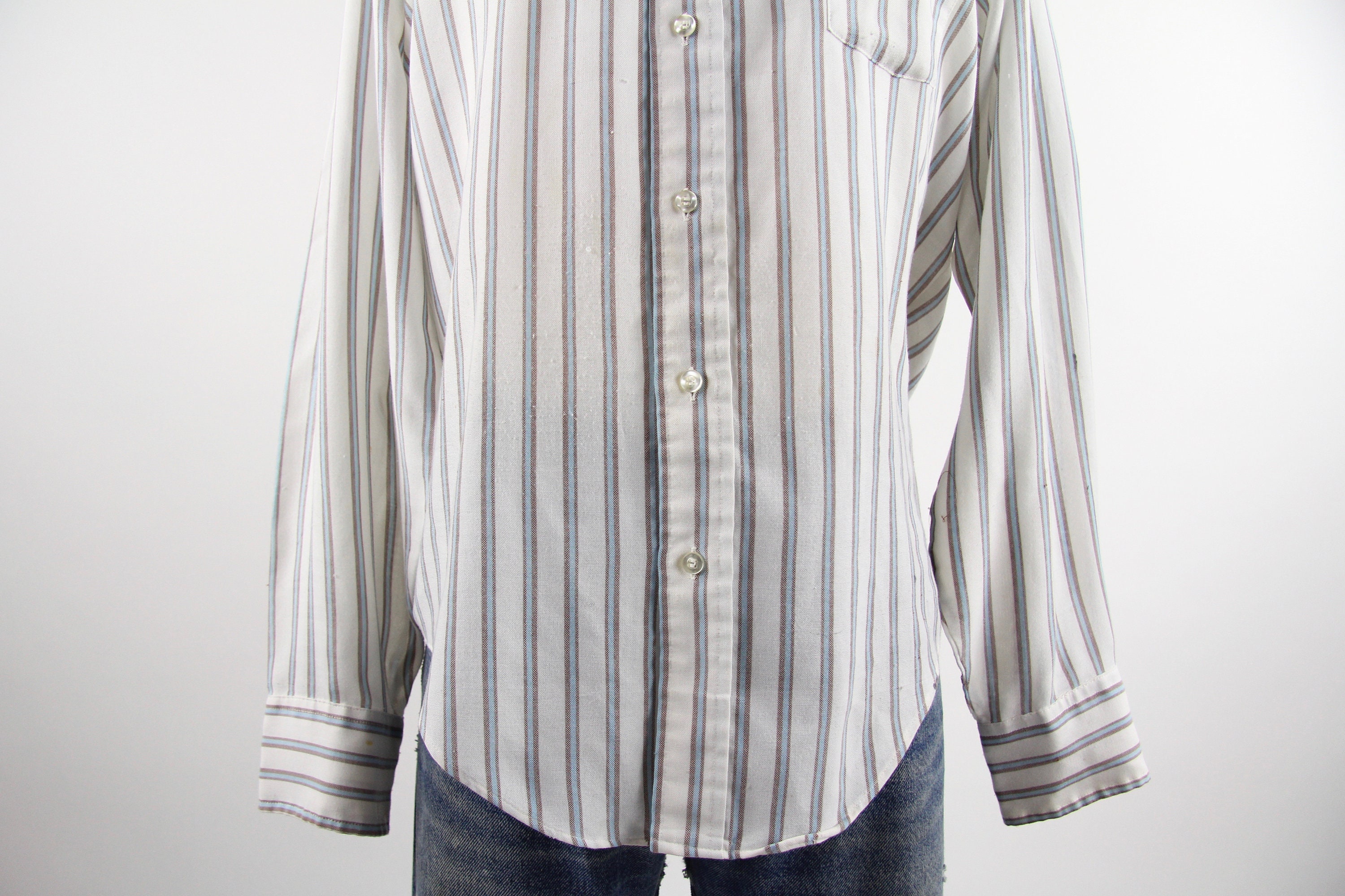 Striped Work Shirt White & Blue Men's Vintage Button Down Size Medium Large