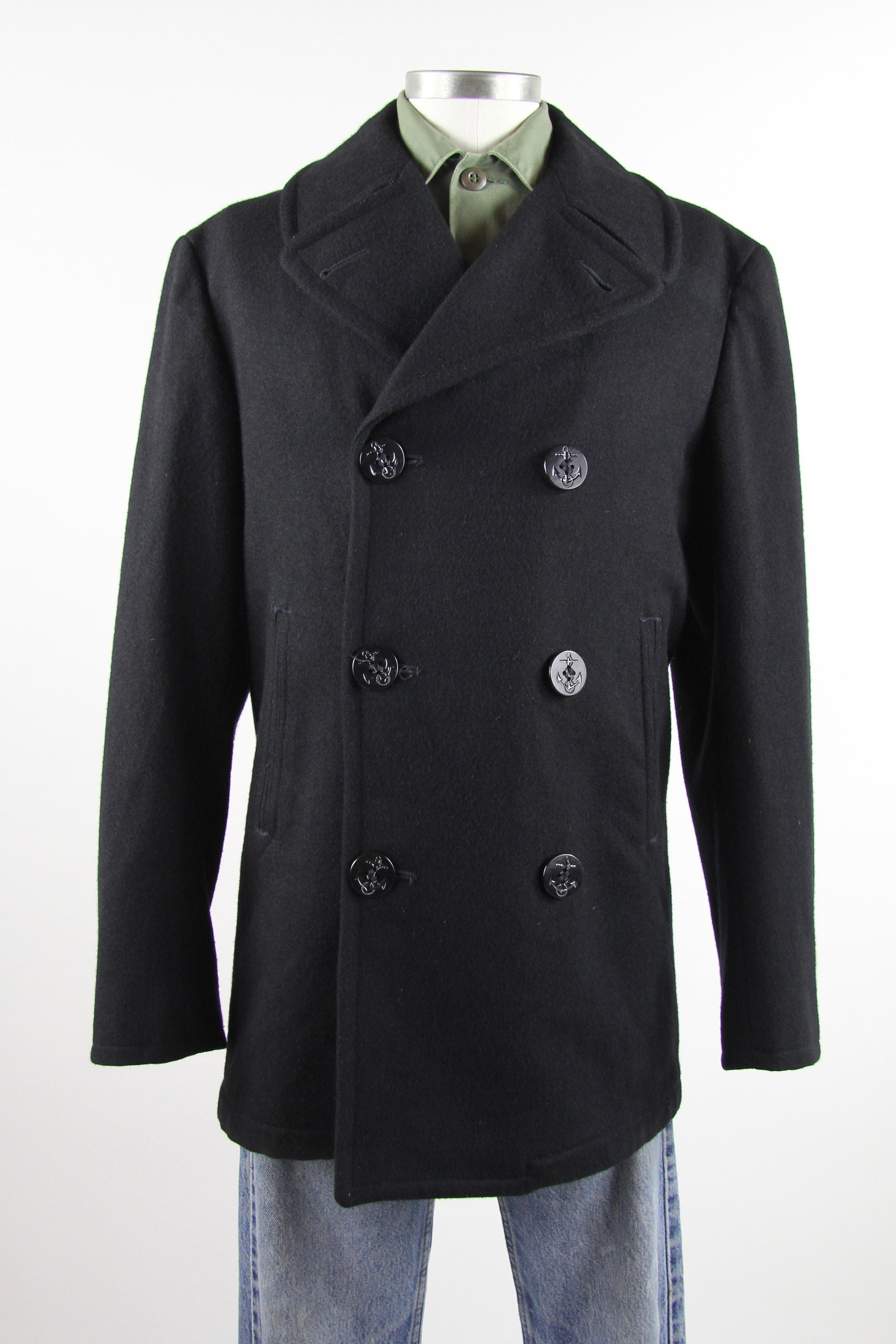 black jacket with navy pants