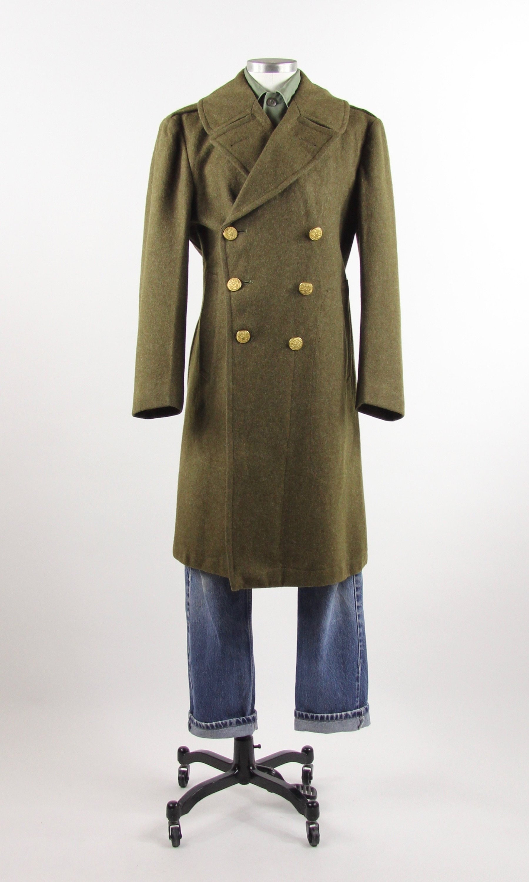 WWII Men's Military Coat Wool Gold Button Olive Green Trench Winter