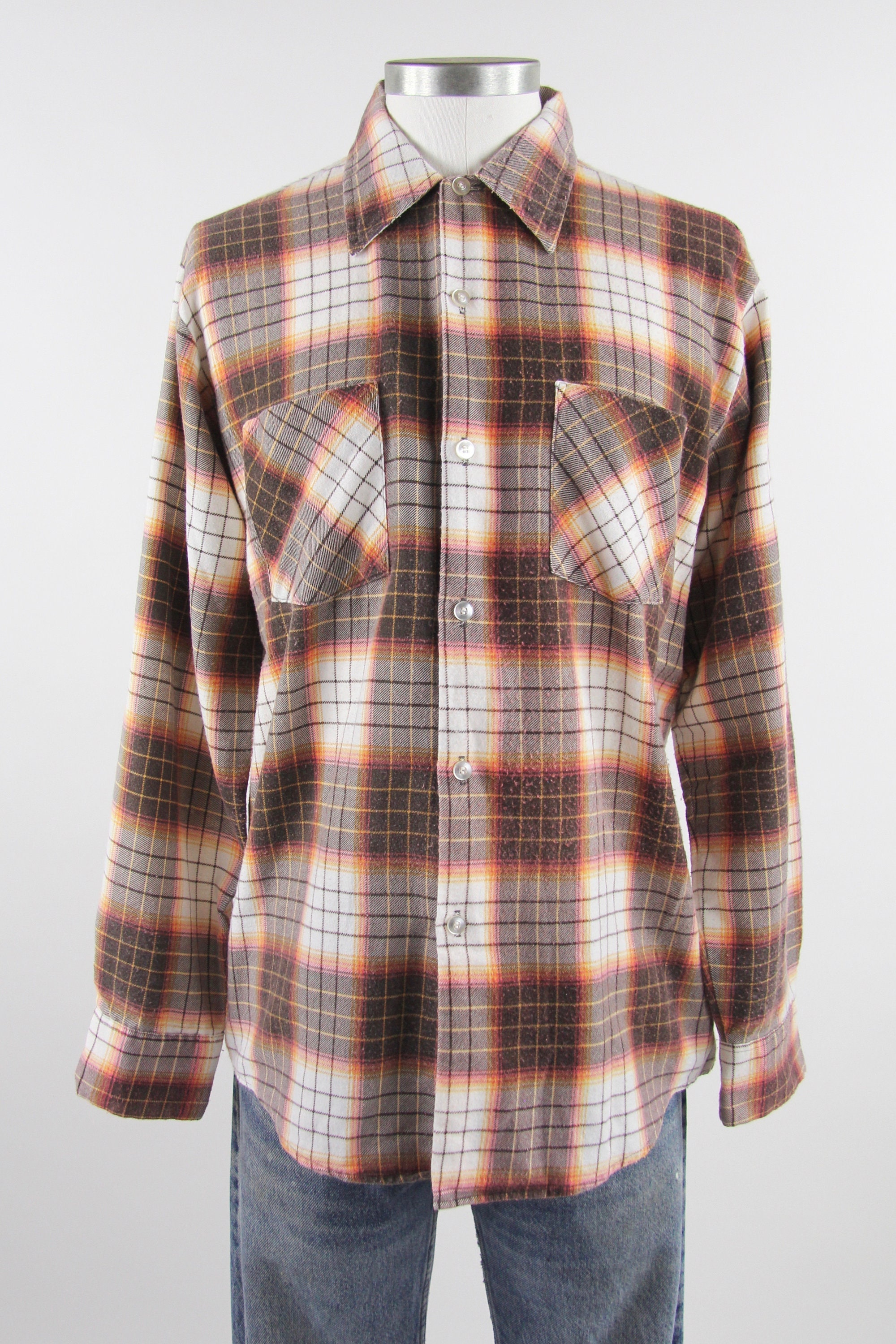 60's Plaid Flannel Shirt Long Sleeve Men's Shirt Brown White Orange