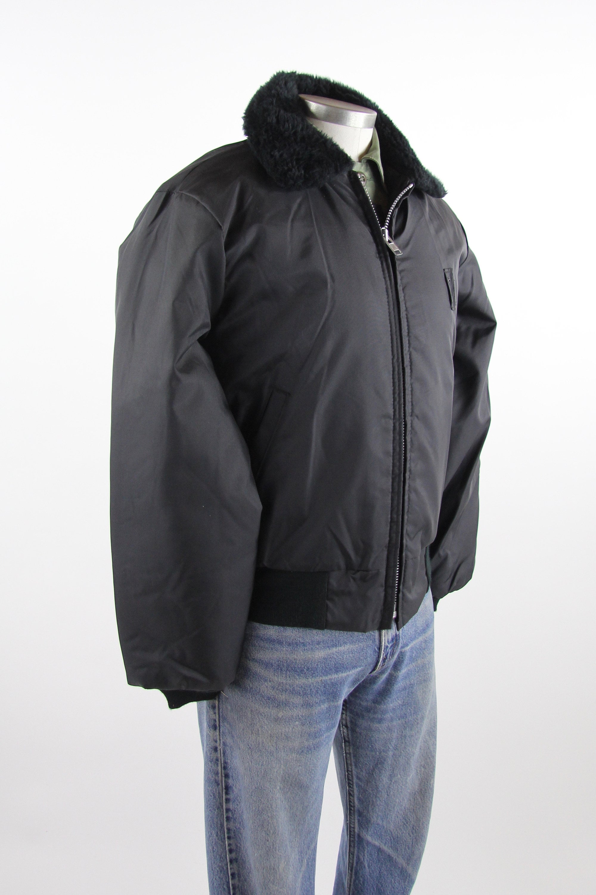 Men's Nylon Black Bomber Jacket Work Uniform Coat Vintage Size Medium