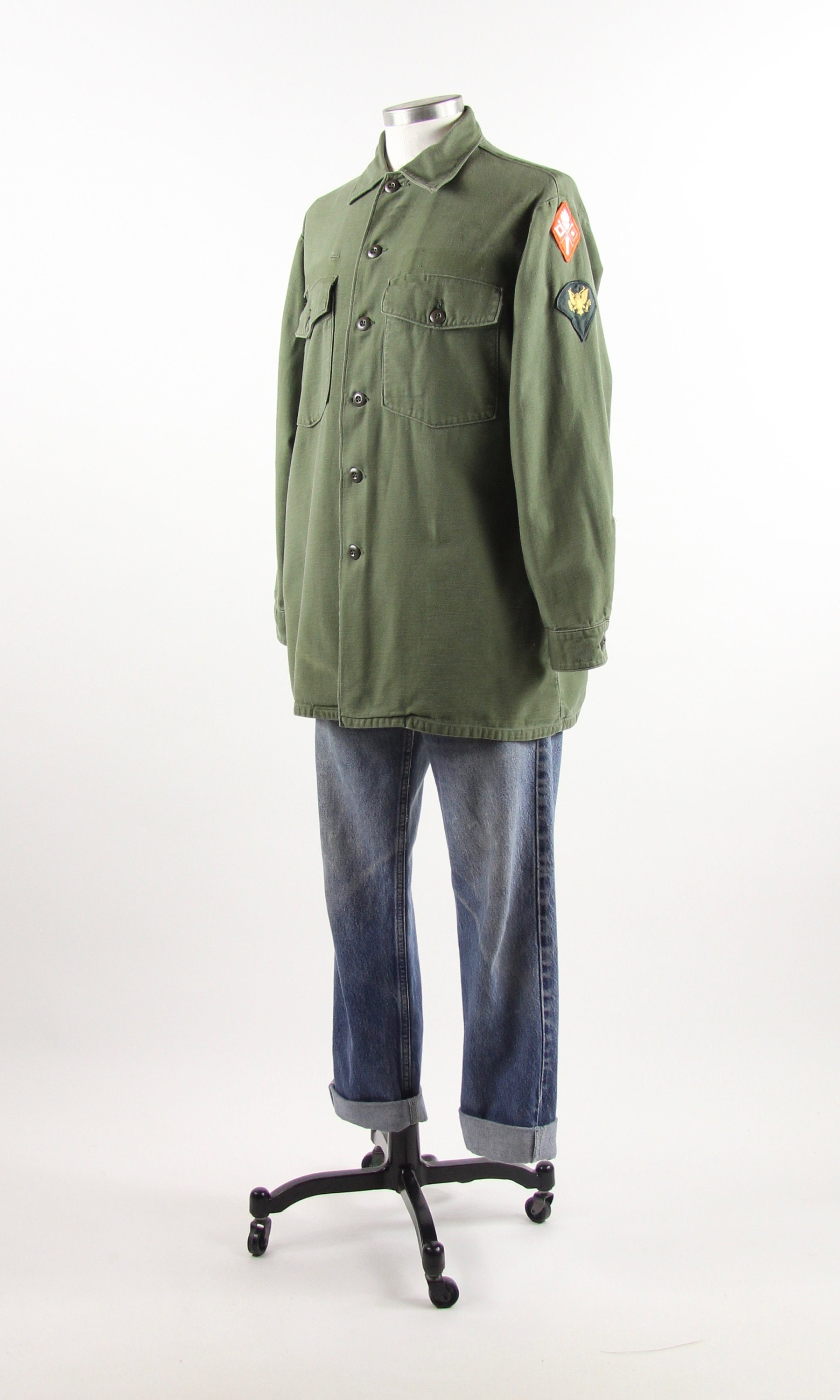 Men's Military Shirt Vintage Fatigue Green Army Button Down with