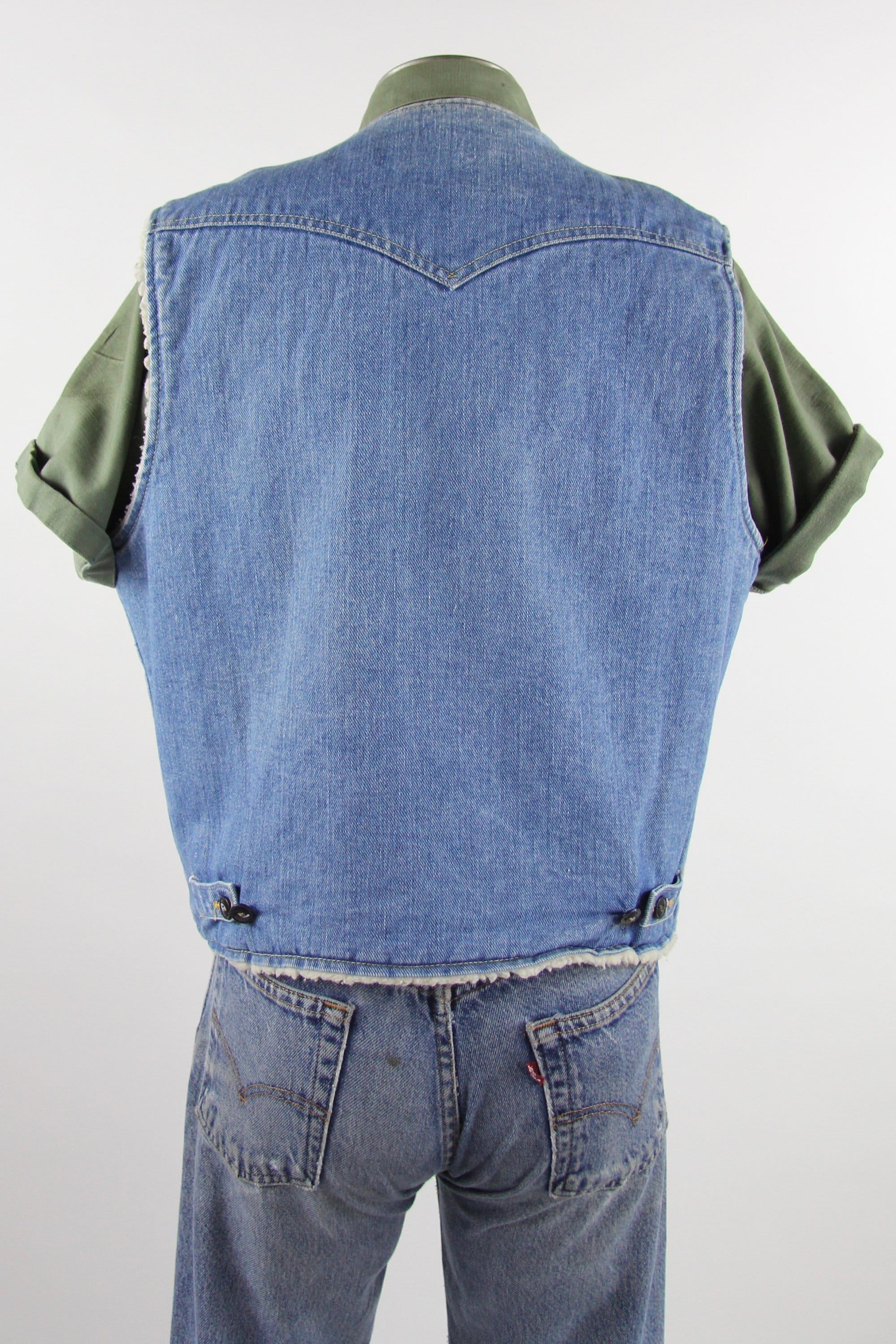 Lee Rider 70's Denim Vest Sherpa Lined Button Up Jean Vest Vintage Size Medium Large Made in the USA