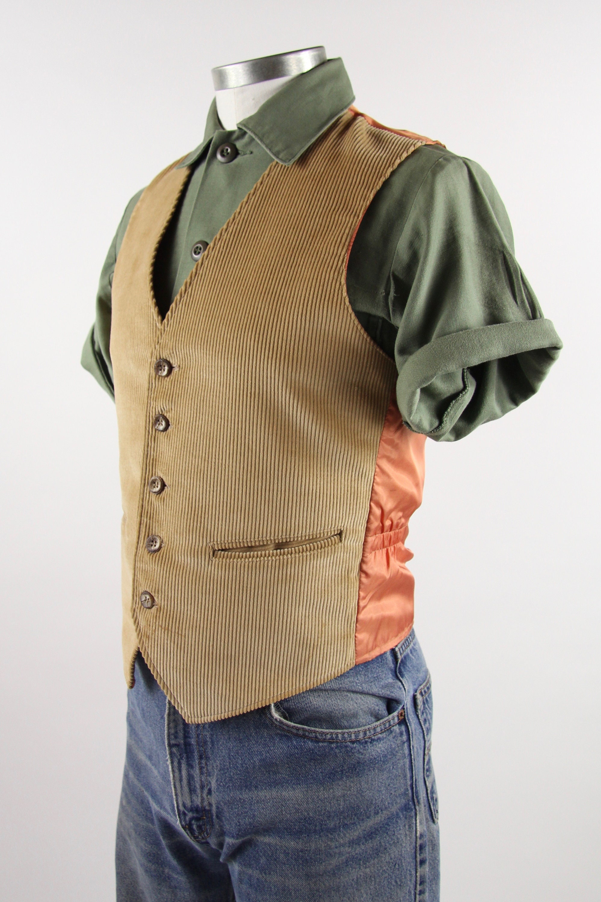 Men's Corduroy Vest Tan / Khaki Vintage Vest Size Small / Medium