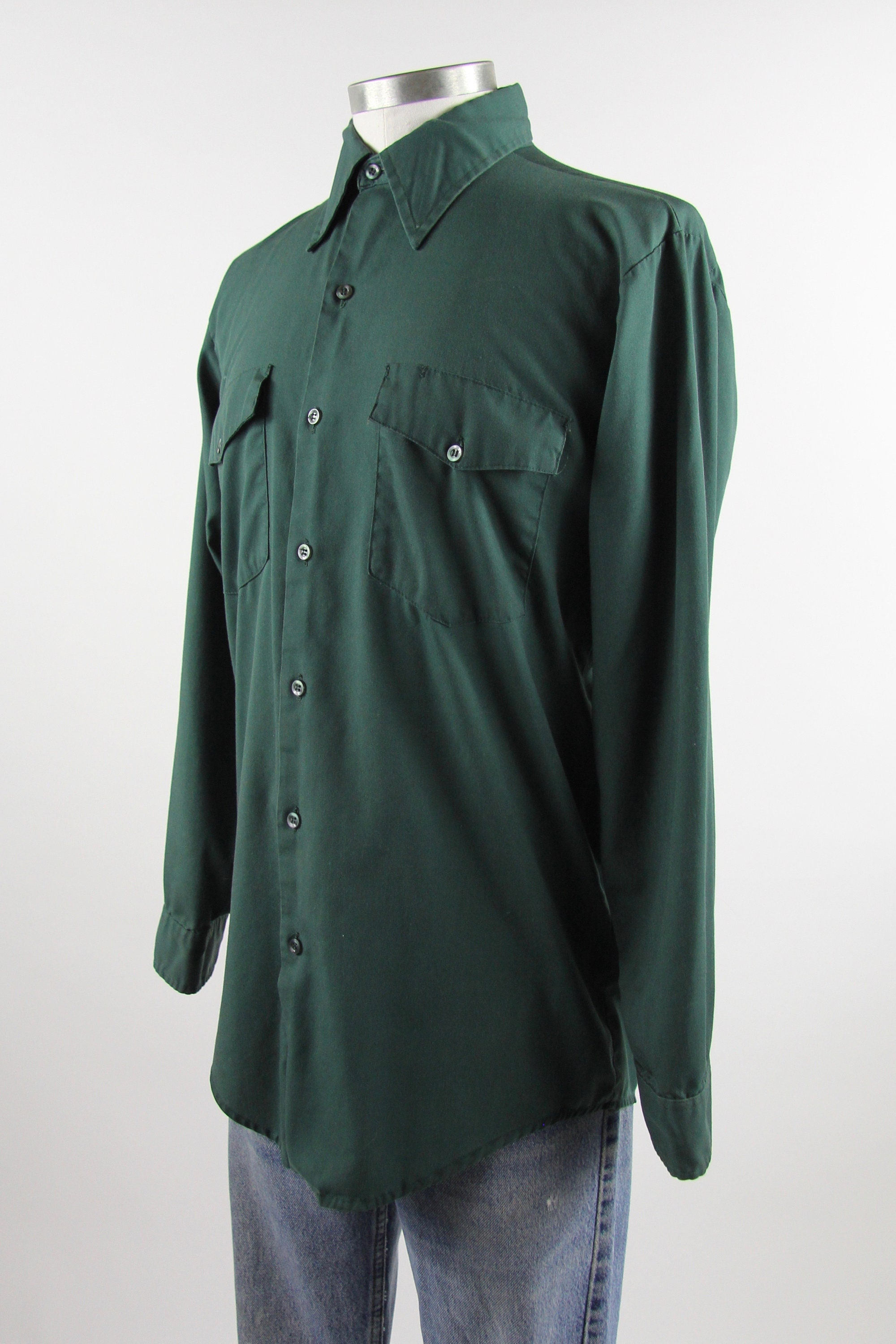Men's Work Shirt 60's Button Down Green Utility Work Shirt Size Medium