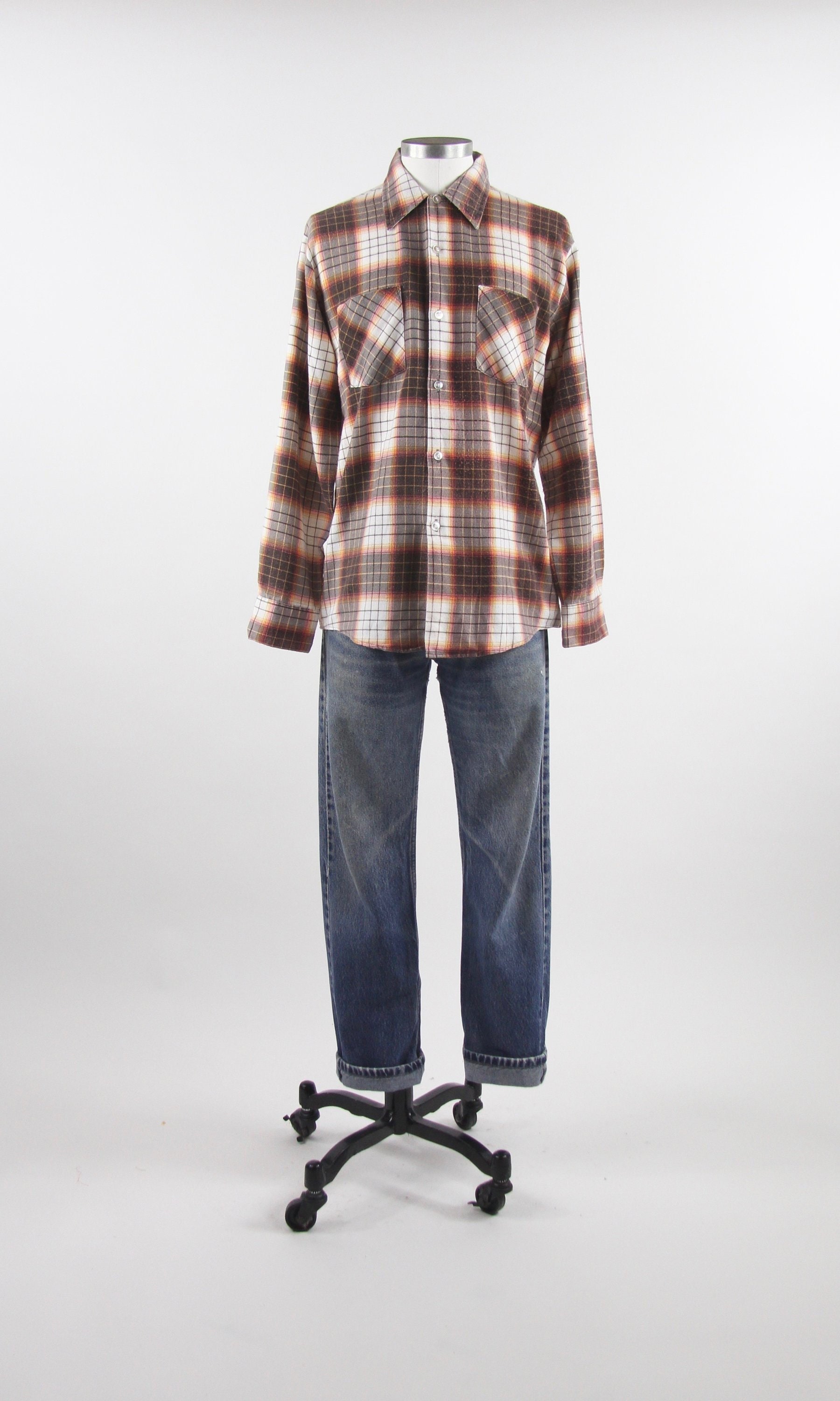 60's Plaid Flannel Shirt Long Sleeve Men's Shirt Brown White Orange