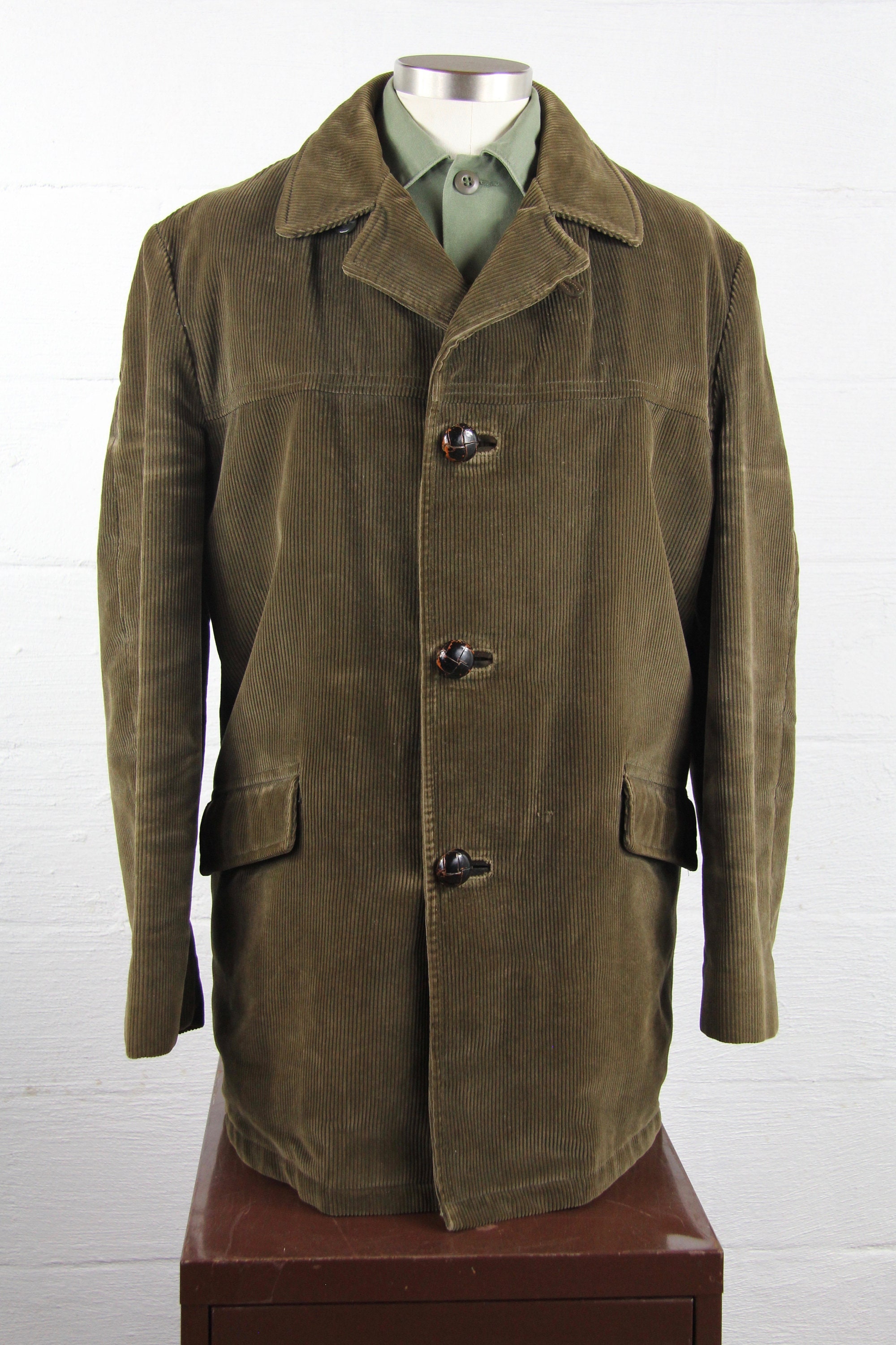 Men's Corduroy Green Winter Jacket with Lining Vintage Size Large