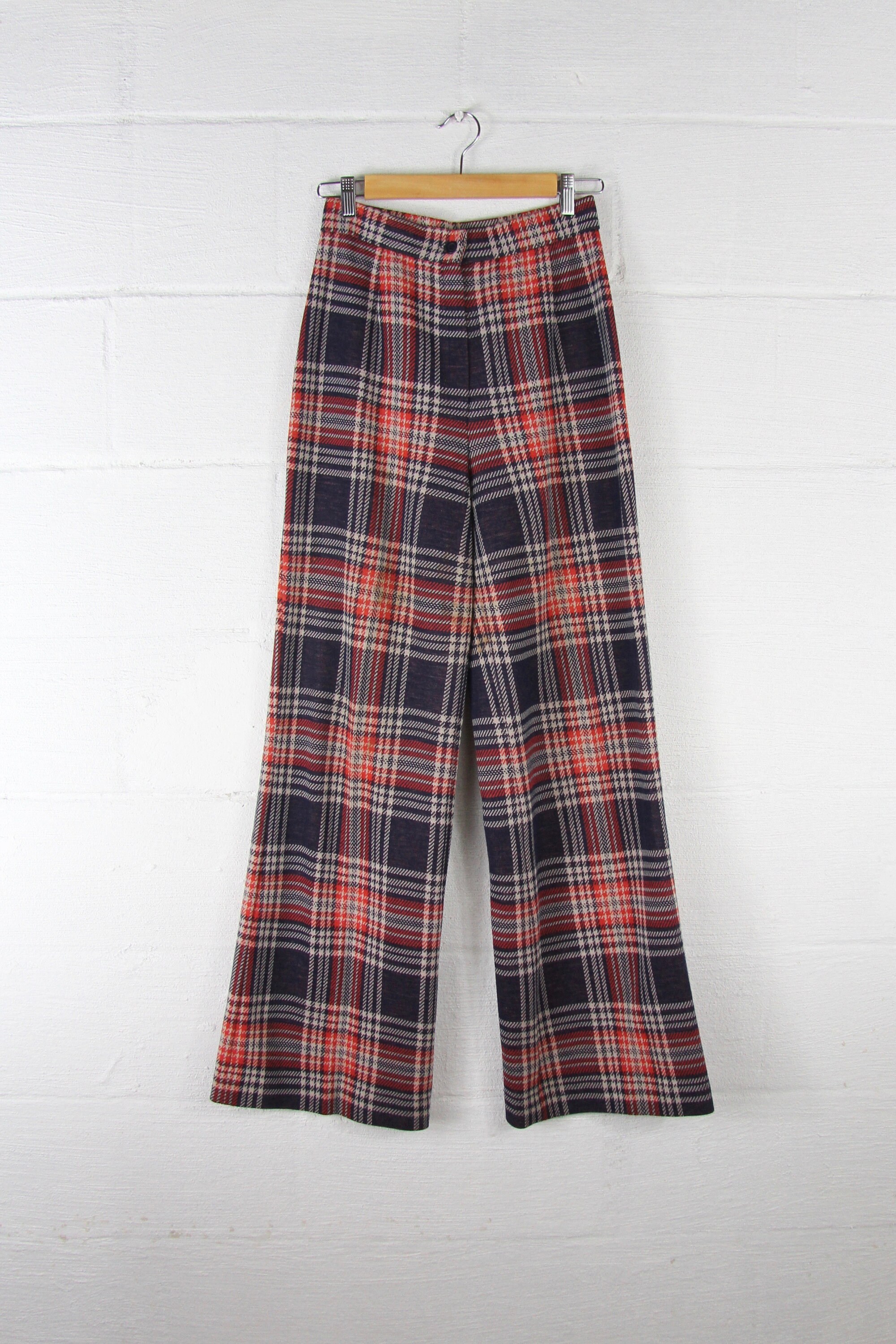 1970s Women's Plaid Bell Bottom Pants Navy Orange and Brown 27 Vintage