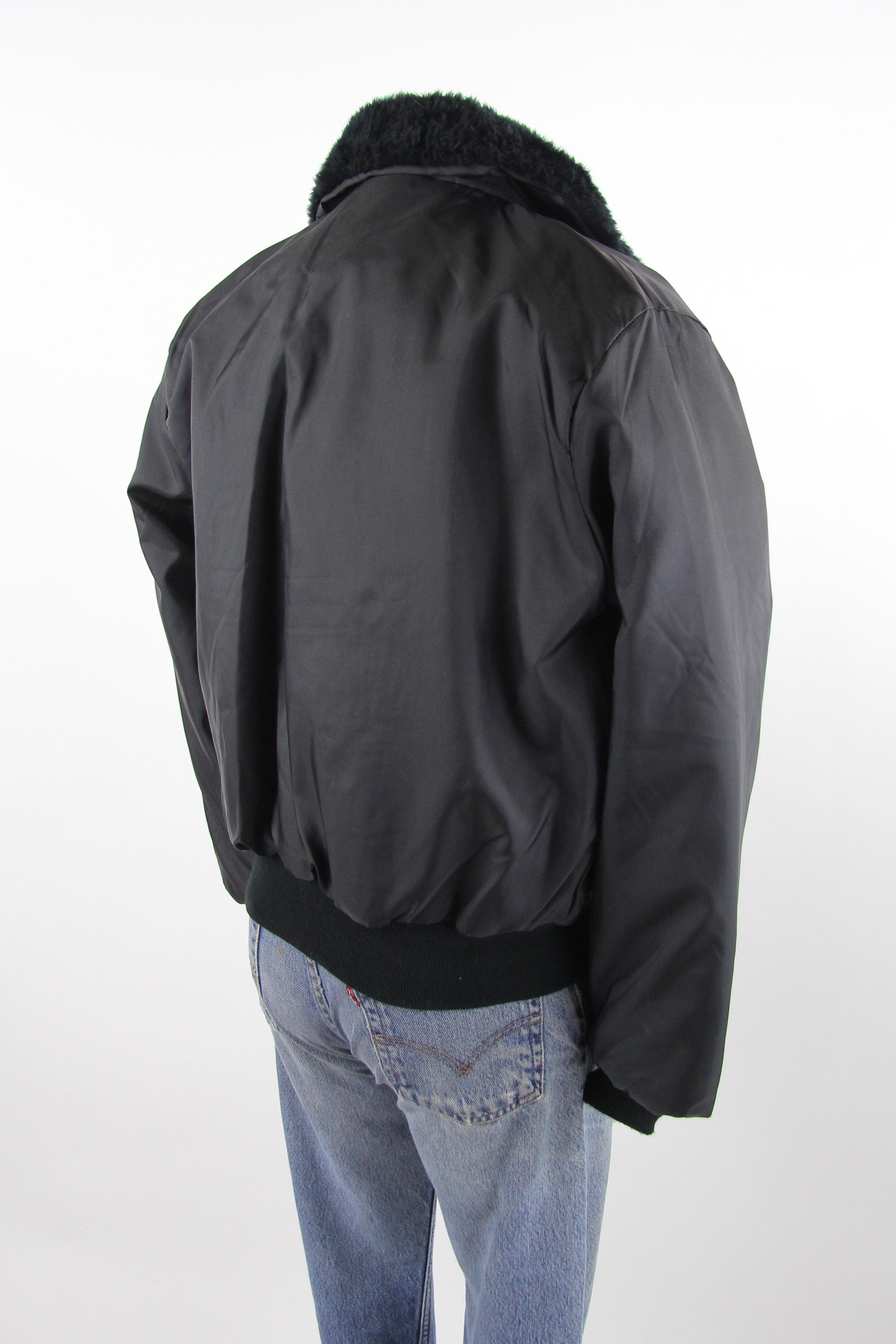 Men's Nylon Black Bomber Jacket Work Uniform Coat Vintage Size Medium