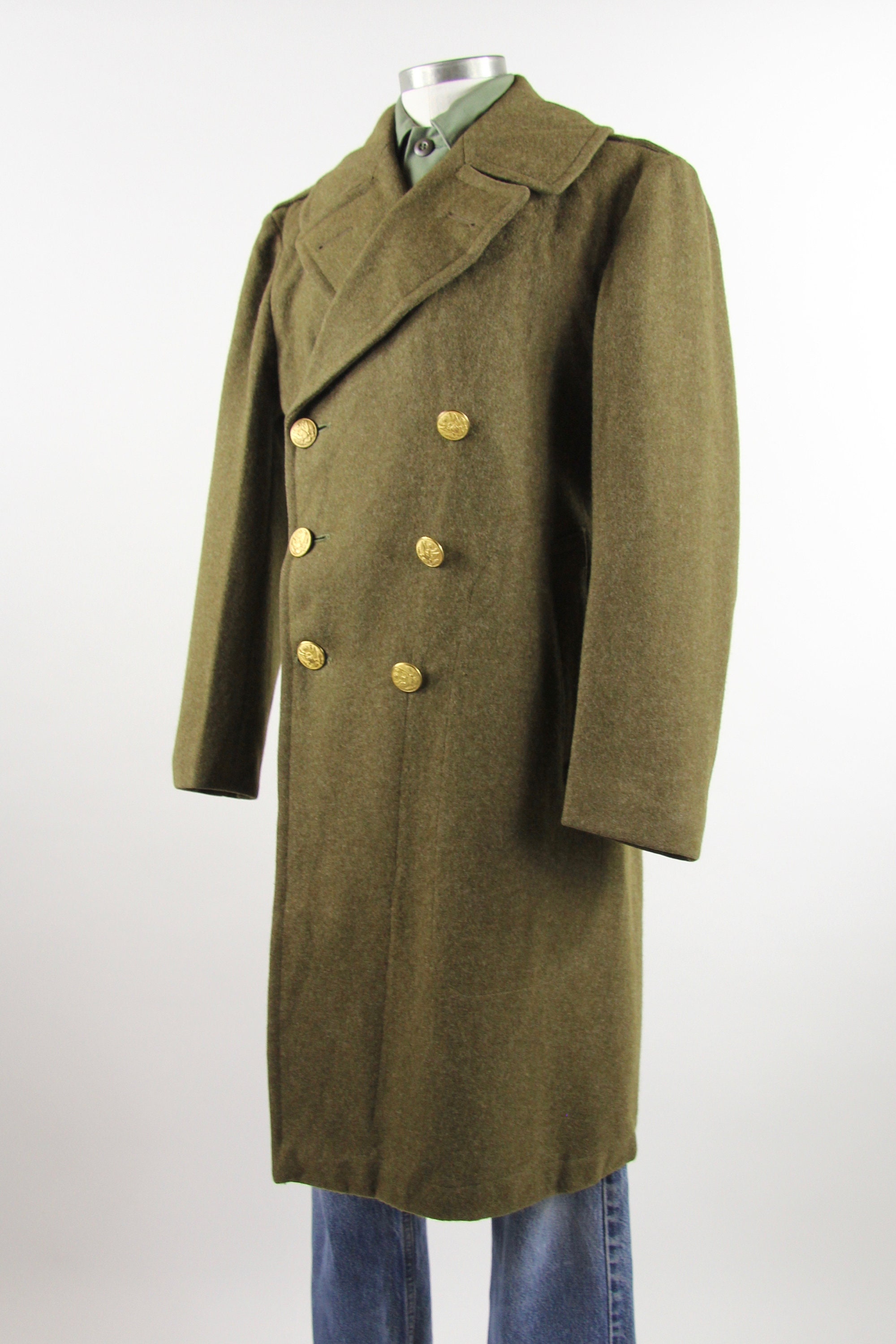 WWII Men's Military Coat Wool Gold Button Olive Green Trench Winter ...