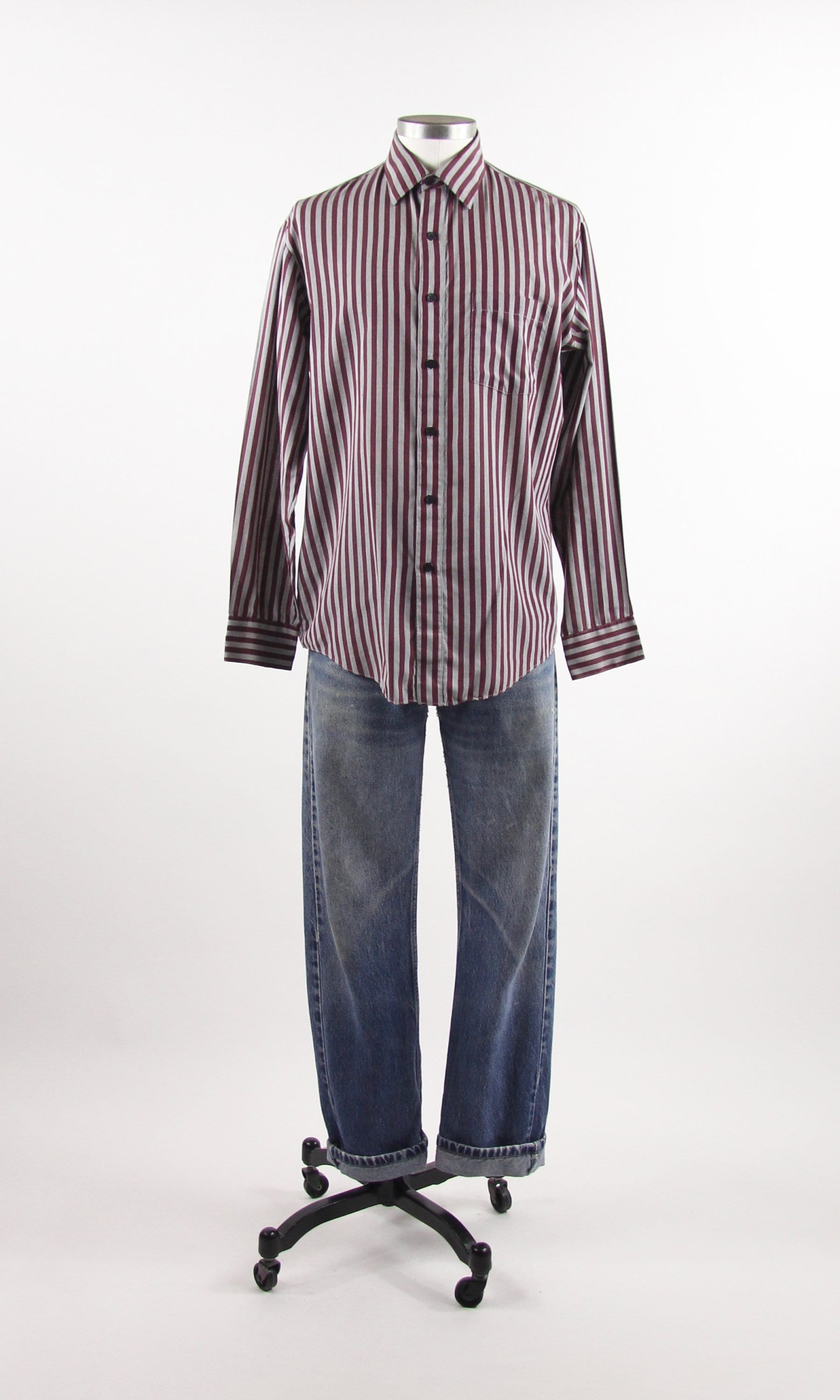 Maroon Striped Shirt Men's Vintage Button Down Dress Shirt Size Medium