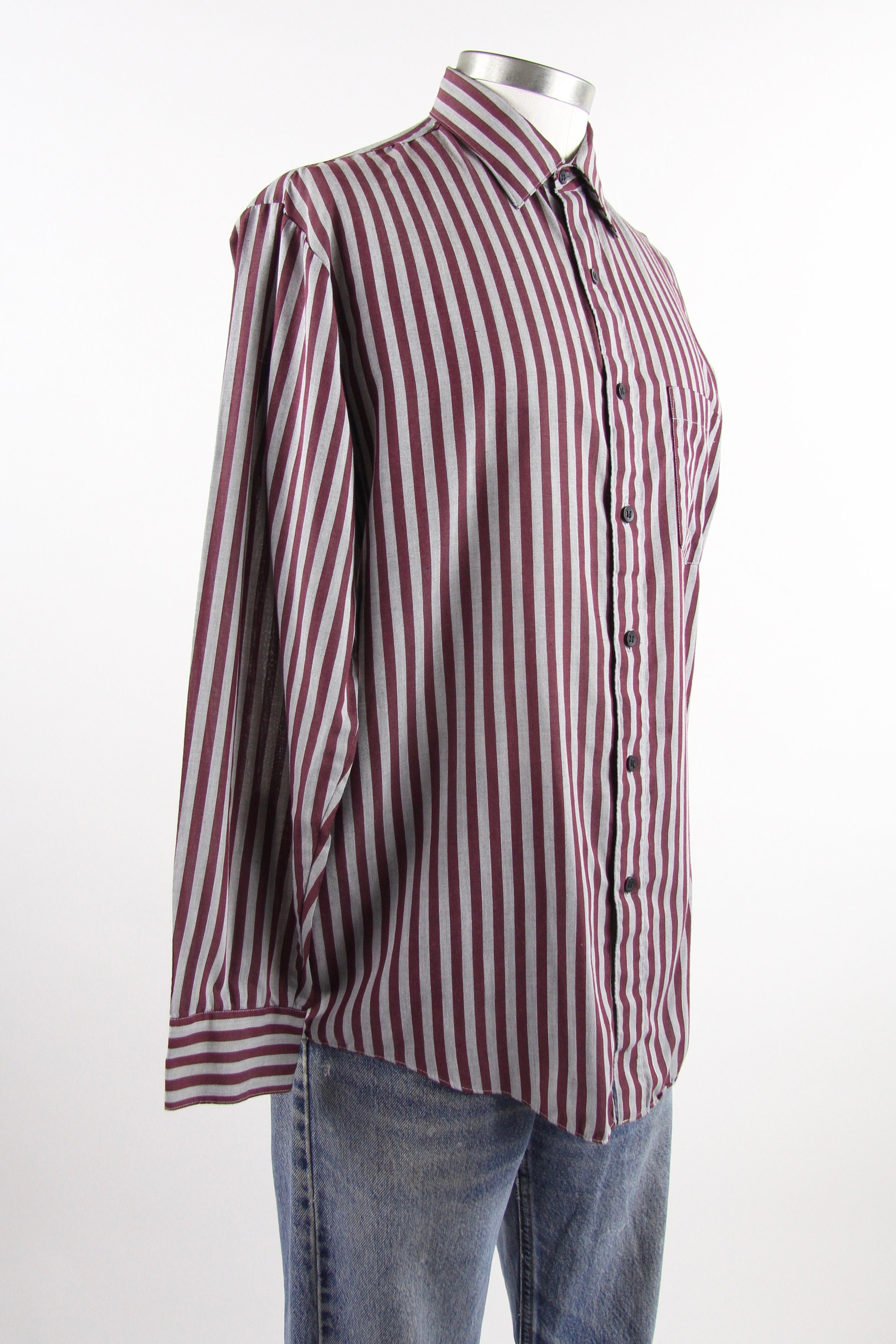 Maroon Striped Shirt Men's Vintage Button Down Dress Shirt Size Medium