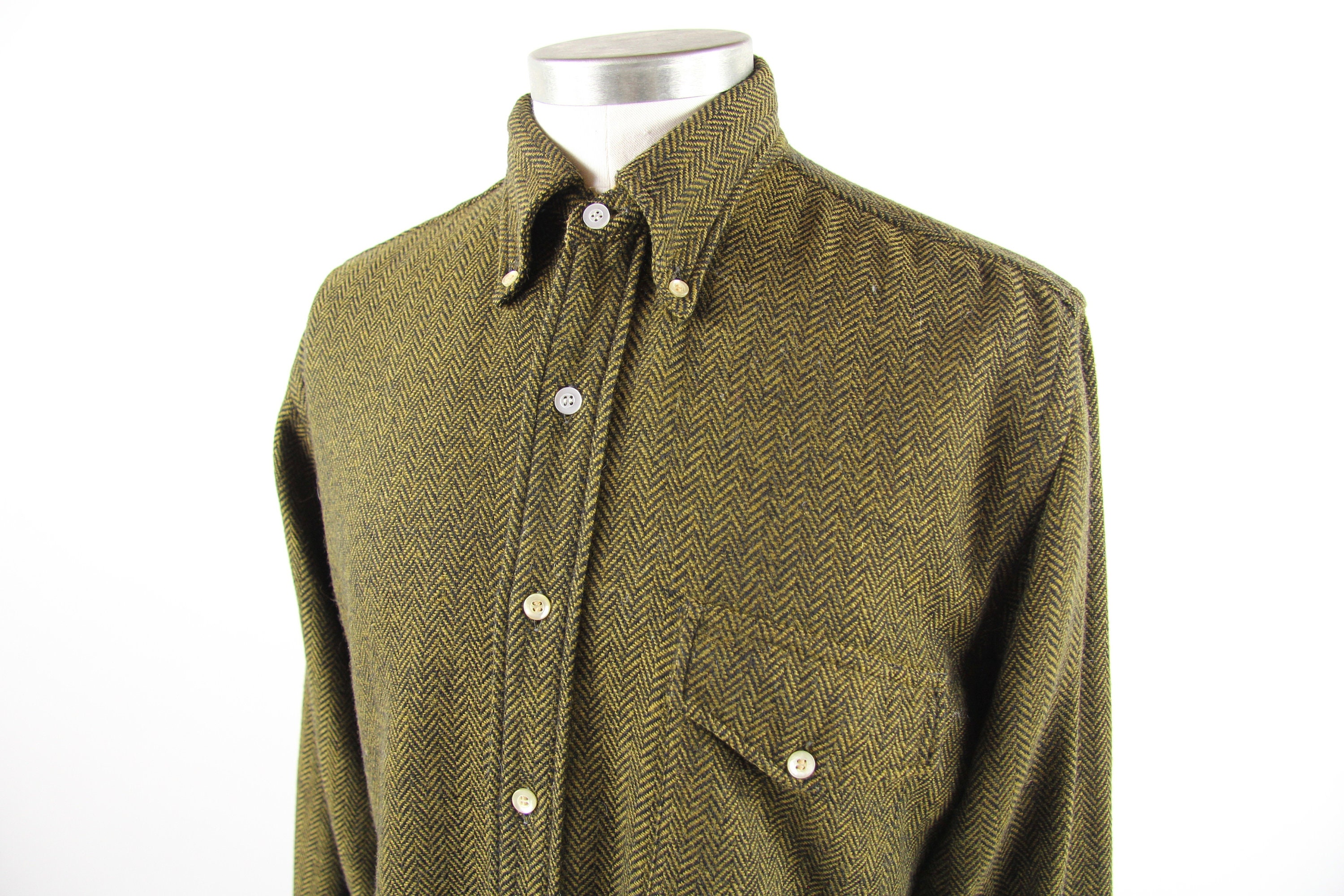 Wool Men's Shirt Chevron 50's Button Down Long Sleeve Shirt Work Shirt ...
