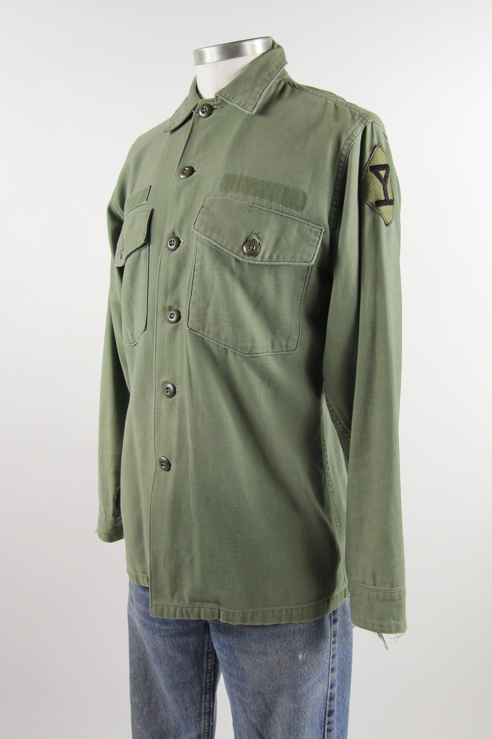 Men's Military Shirt Vintage Green Army Long Sleeve Distressed Shirt