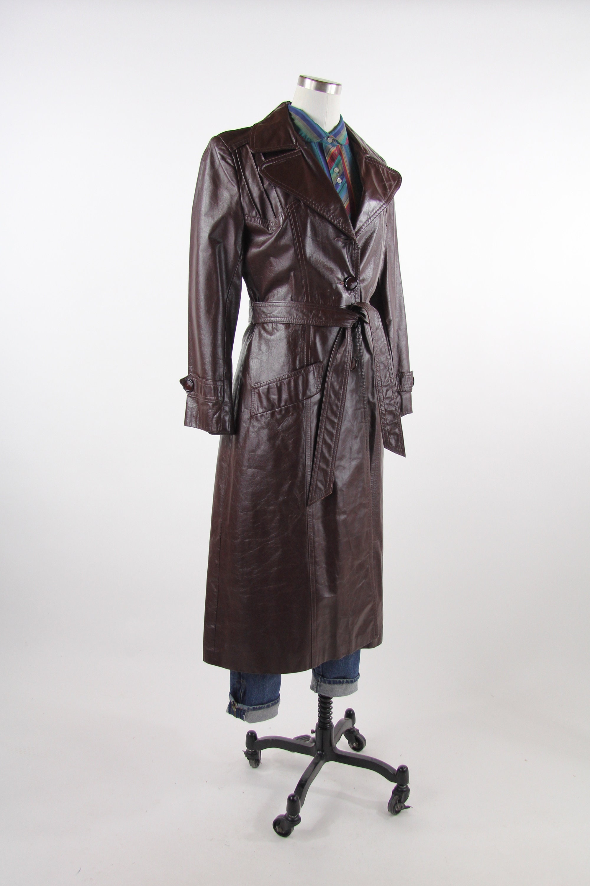 70's Women's Leather Coat Vintage Trench Coat Winter Jacket Brown