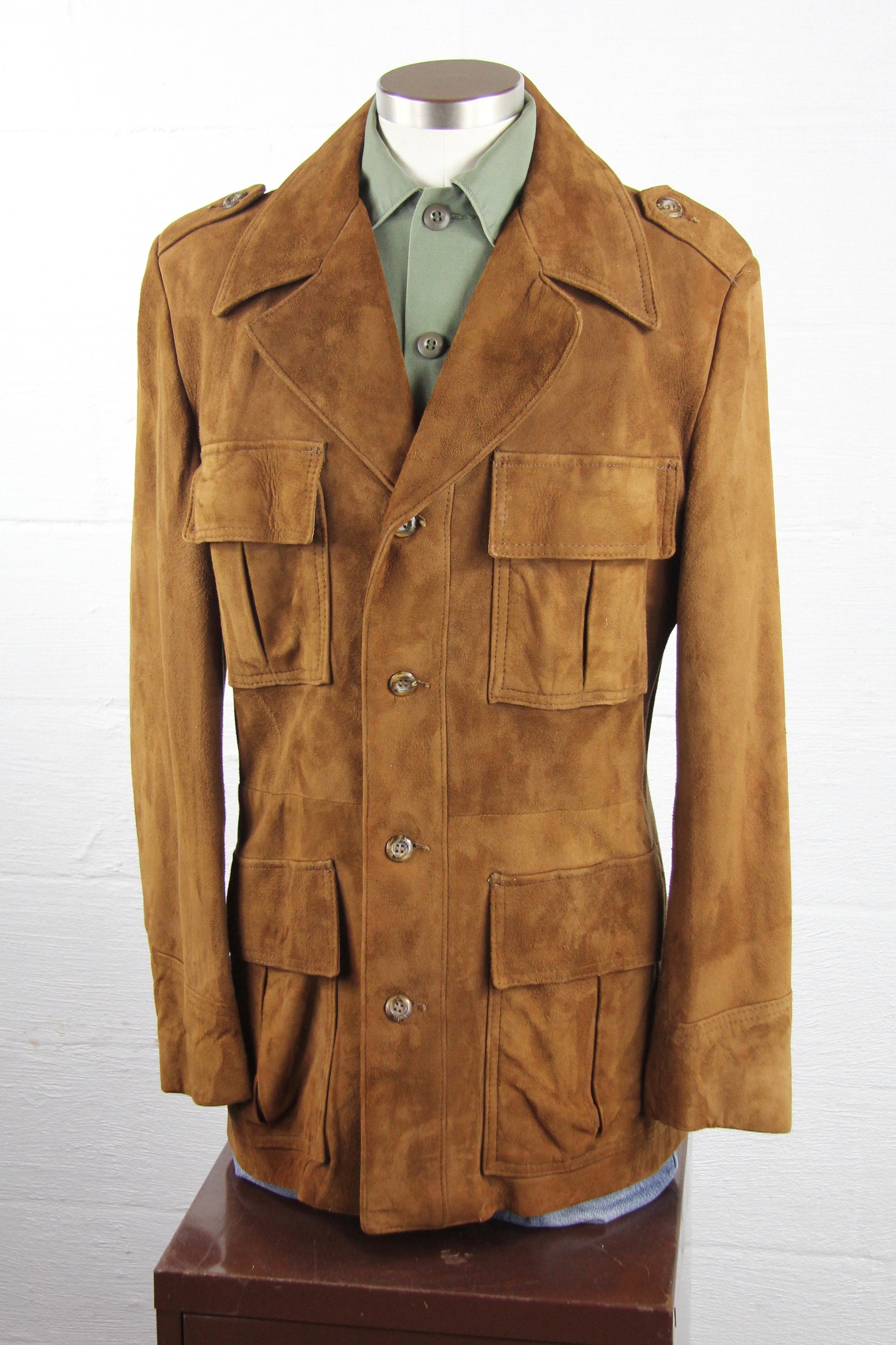 Men's 70's Suede Leather Jacket 4 Pocket Coat Size Medium