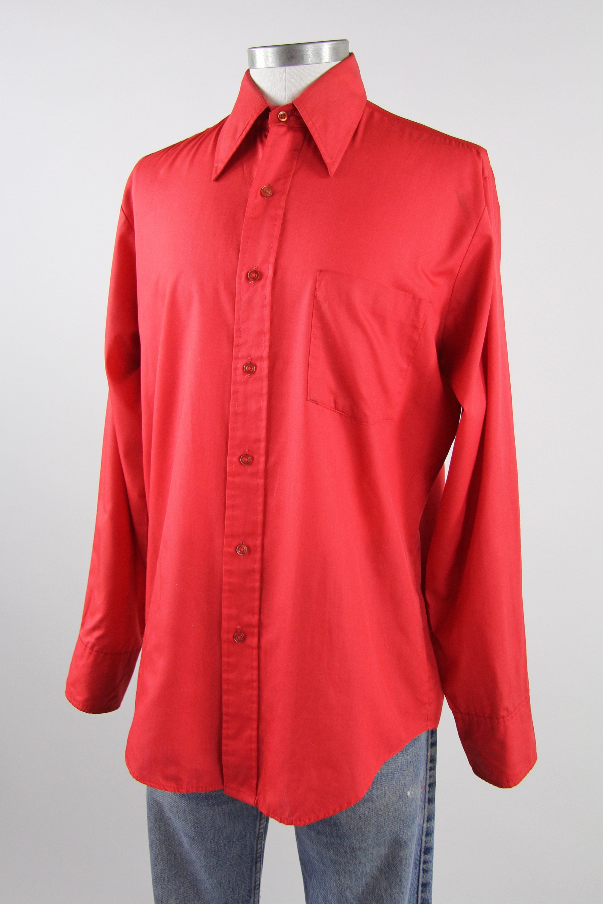 Red 70's Shirt Men's Vintage Button Down Dress Shirt Size