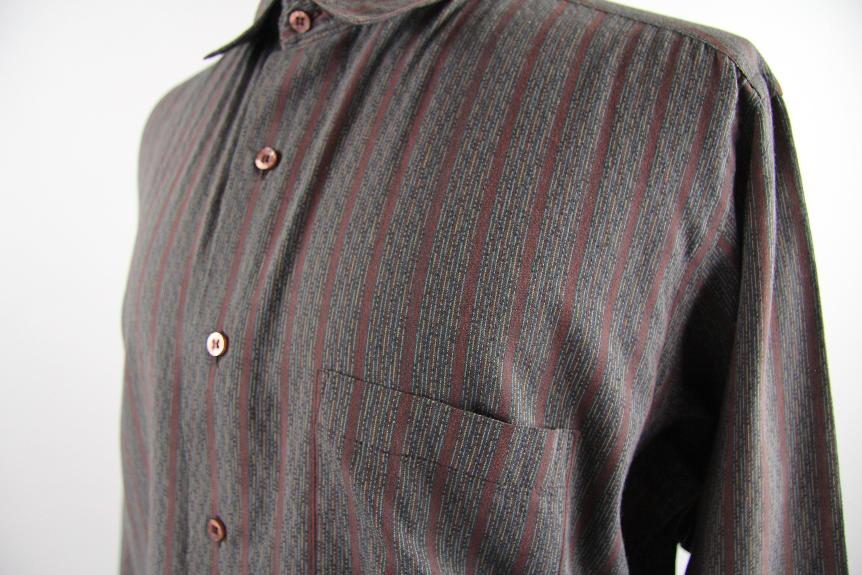 Vertical Striped Shirt Men's Maroon Button Down Shirt Vintage Size Large