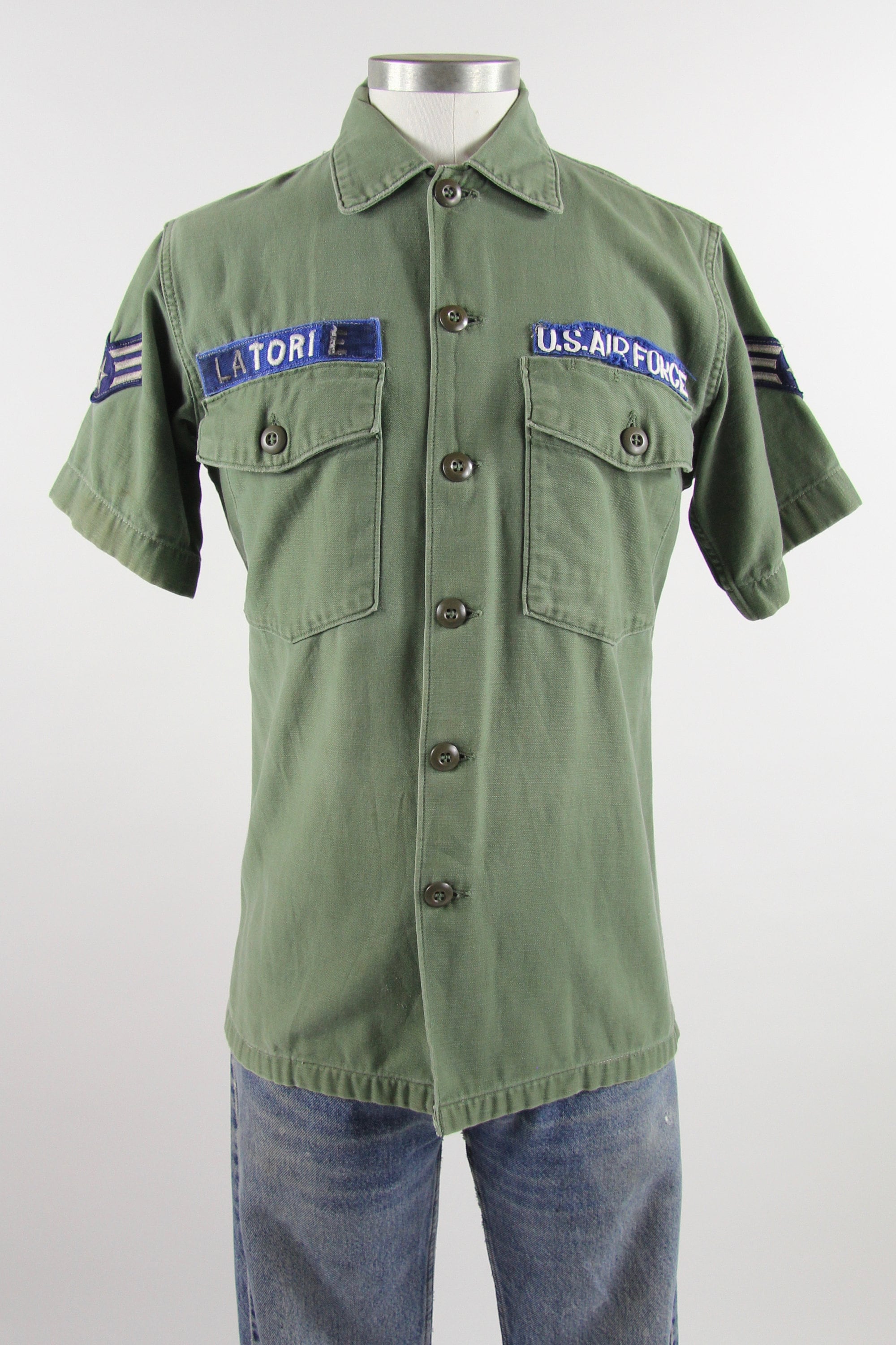 Men's Military Shirt Green Short Sleeve Air Force Button Down Shirt Men