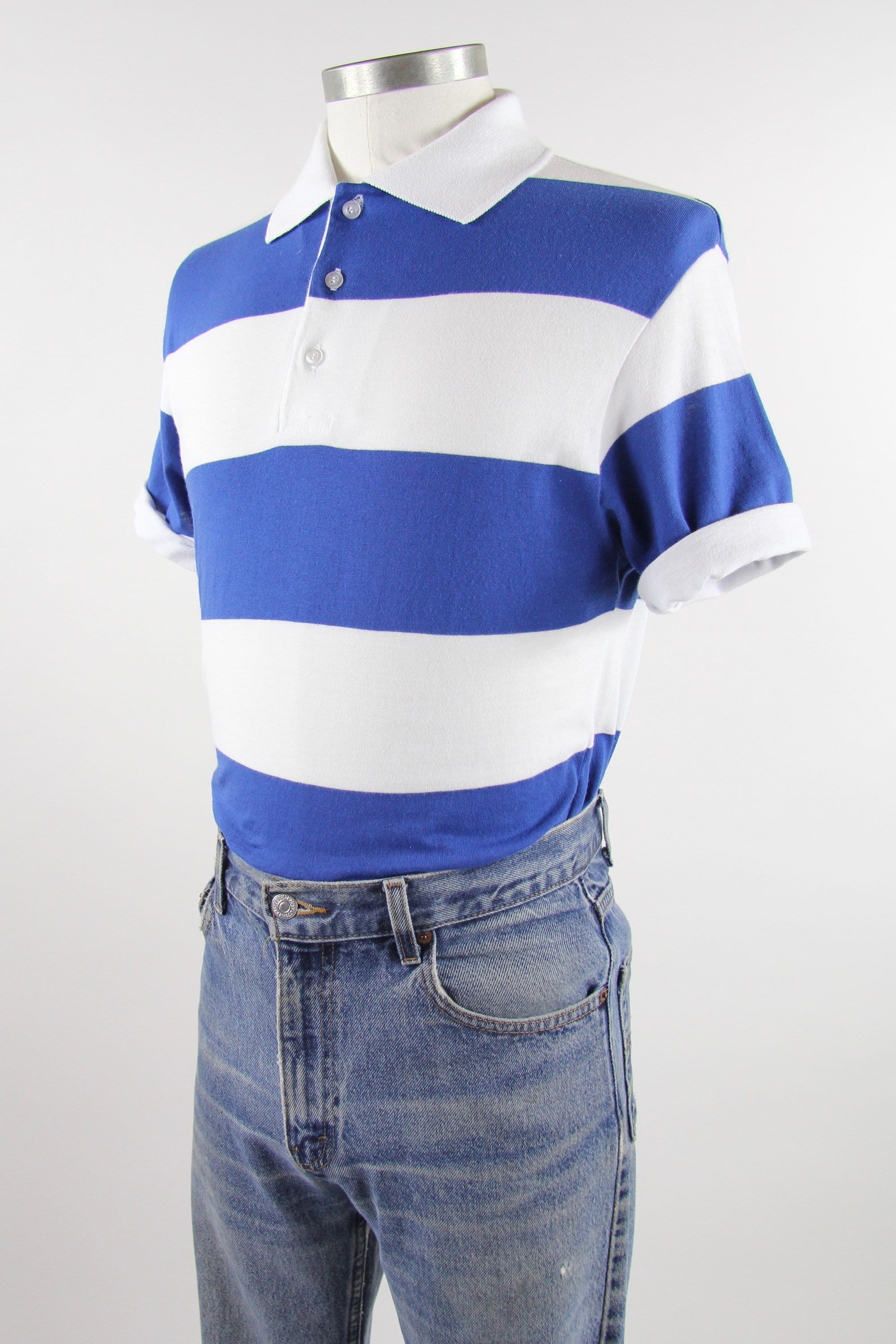 Blue and White Striped Men's Polo Collared Shirt Vintage Size Medium