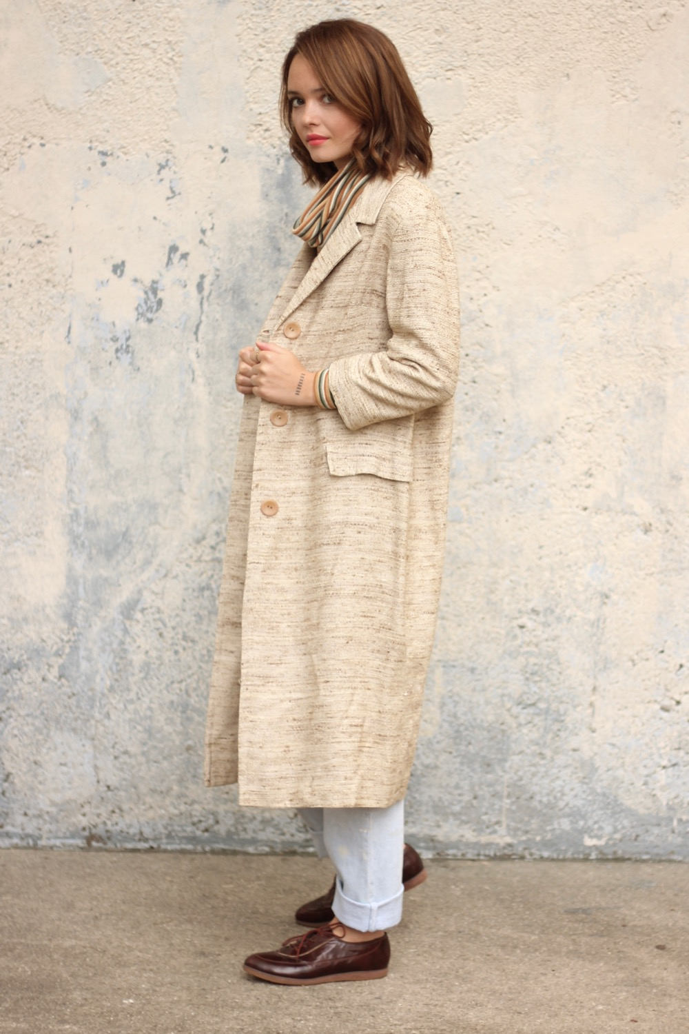 50's Long Jacket Cream Dress Coat Mod Knee Length Coat Made in NY USA